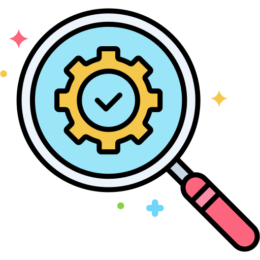 Illustration of icon for scope: a magnifying glass with a cog containing a checkmark in the center. A few colored stars are around the edge of the magnifying glass.