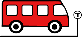 Bus stop icon: Red bus illustration pulled up to sign with a T.