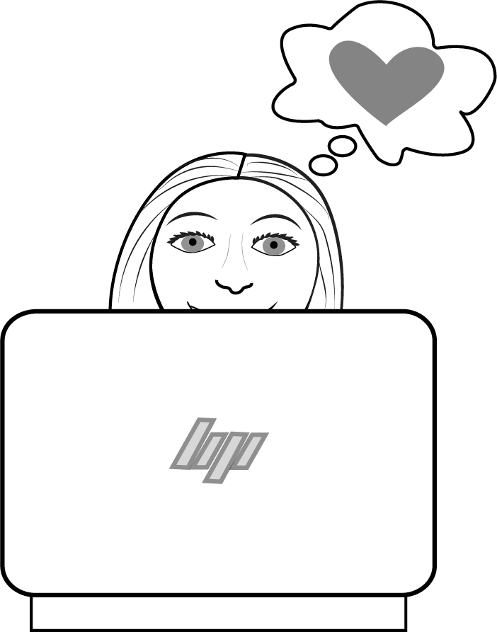 Illustration of a smiling woman sitting at computer, with thought bubble containing heart.