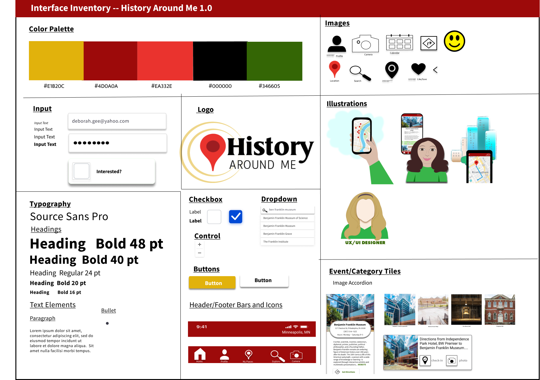 Interface Inventory for the app, displaying color palette, input boxes, check boxes, buttons, typography, logos, icons, illustrations, buttons, and event/category tiles.