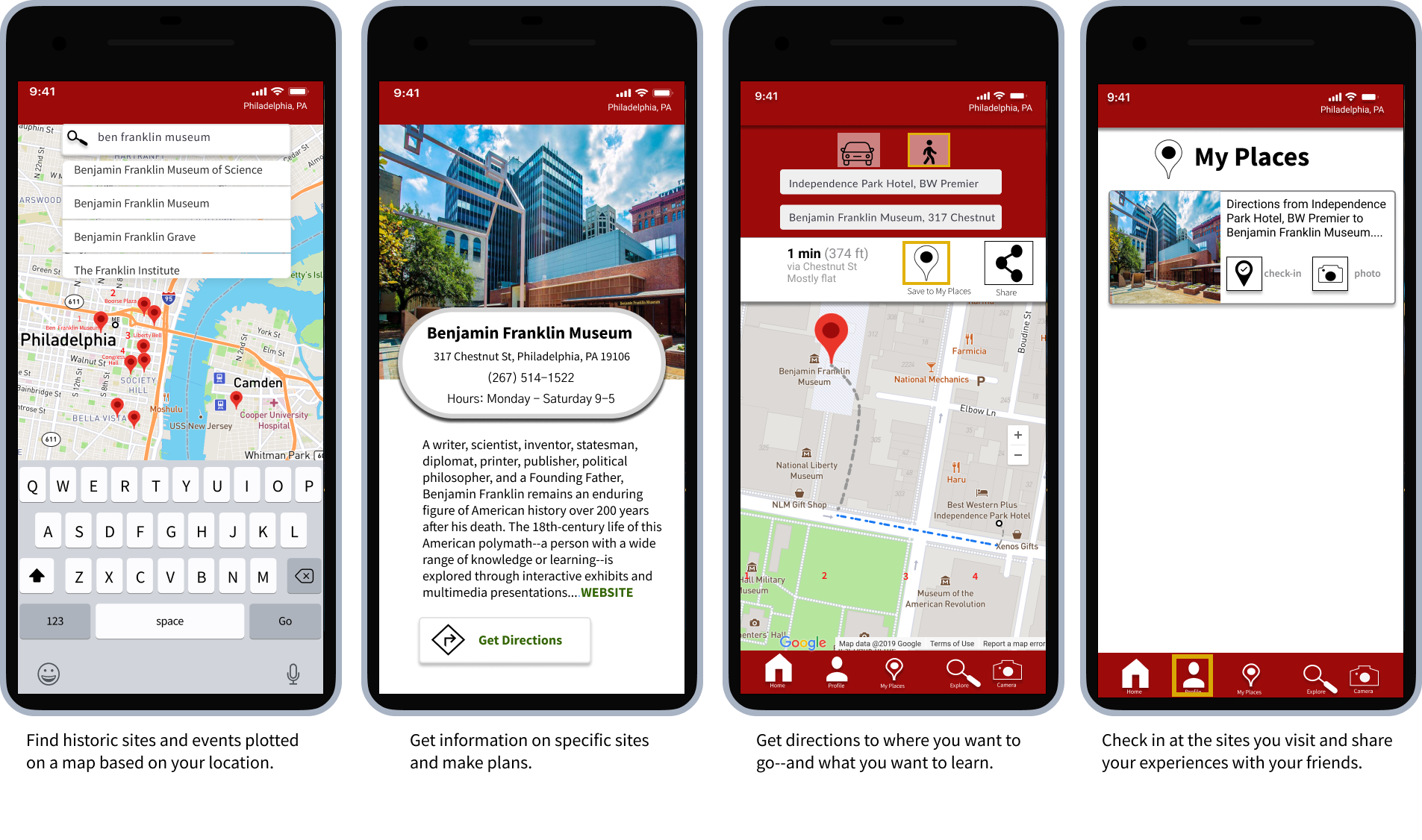 Four mocked up screens of the app showing different things the app can do.