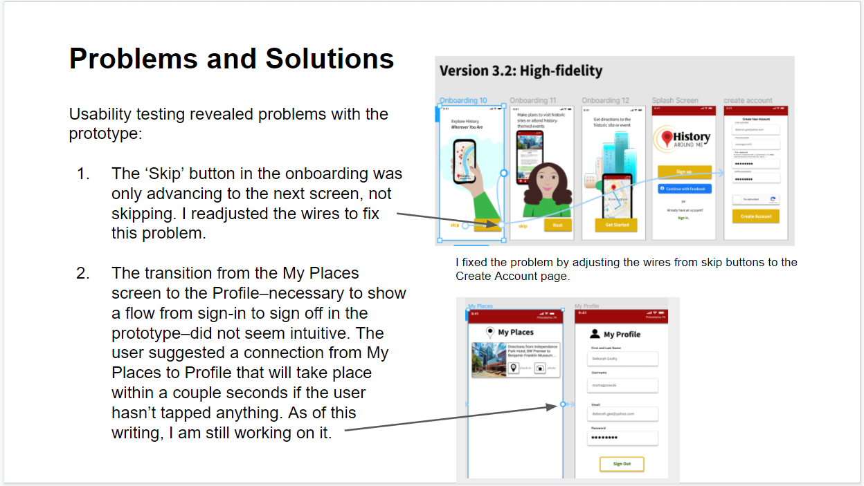 Graphic of problems from usability testing and how they were solved.