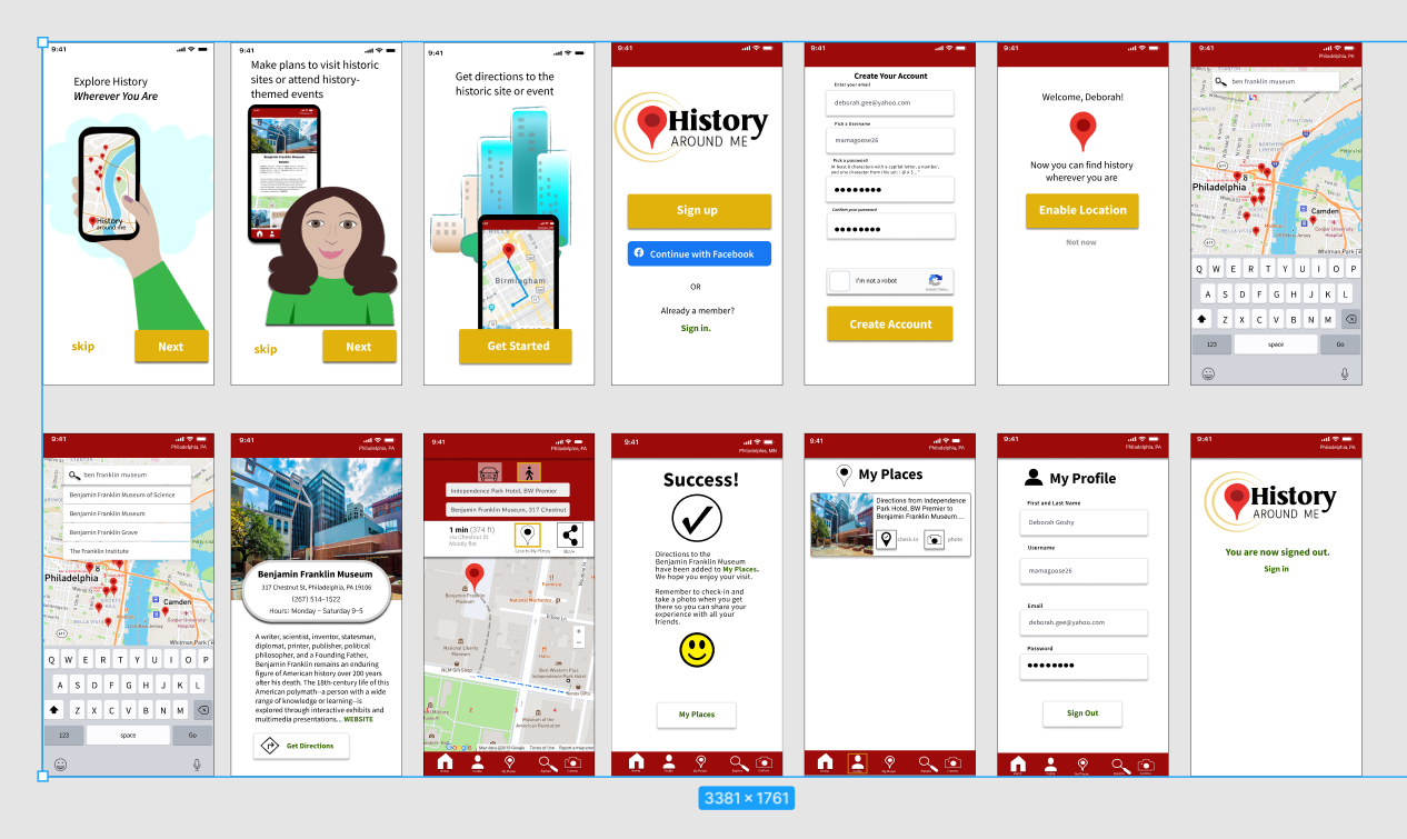 Version 3: High-fidelity wireframes, fourteen screens.