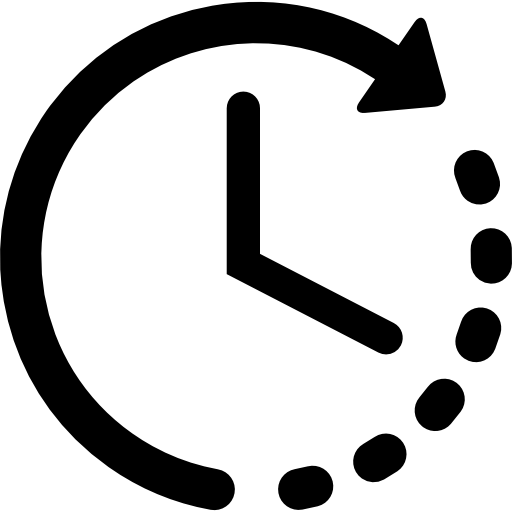 Simple drawing of clock with line segment culminating in an arrow, leading to area with dashes.