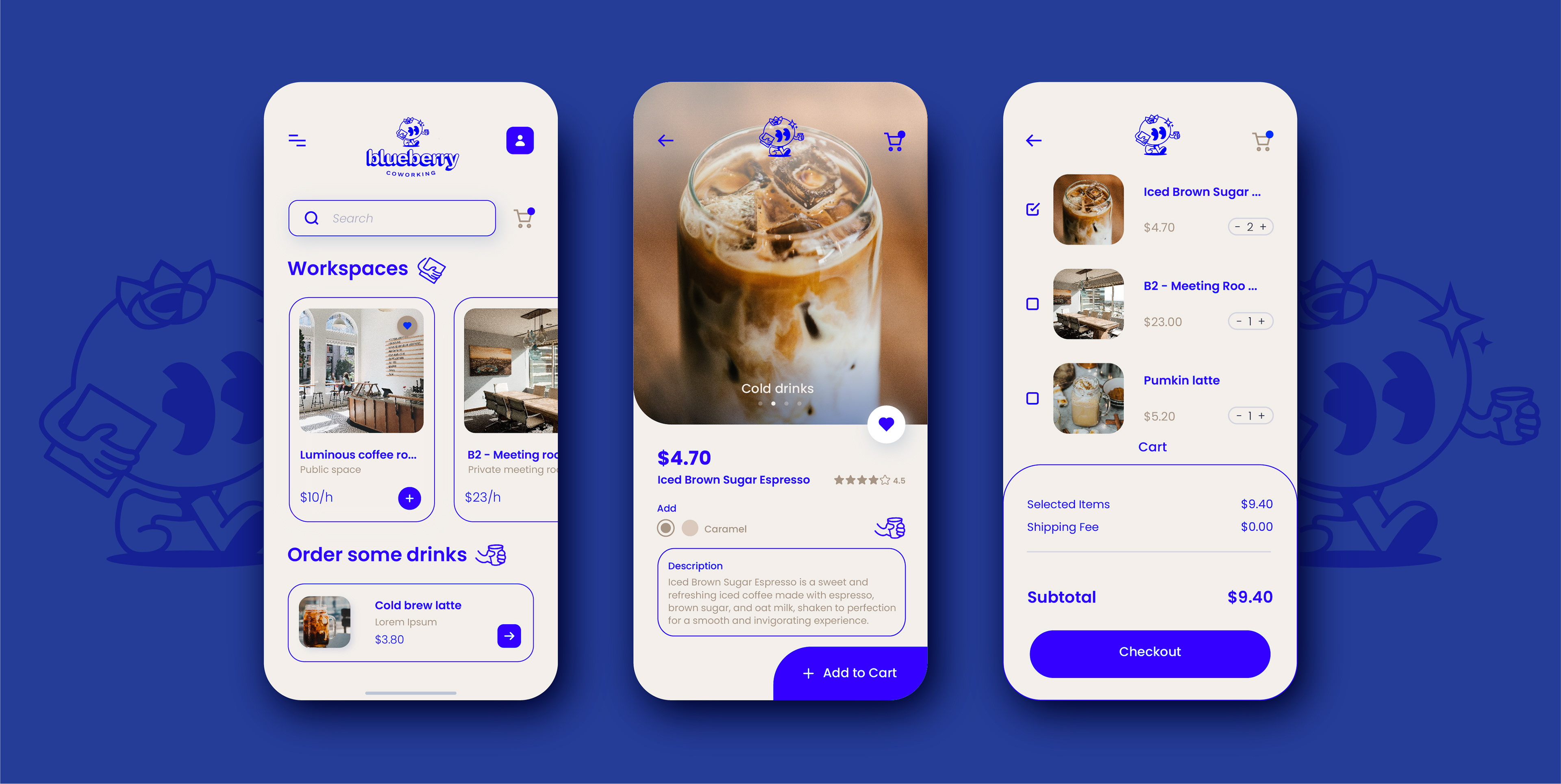 Une maquette de l'application du coworking BlueBerry