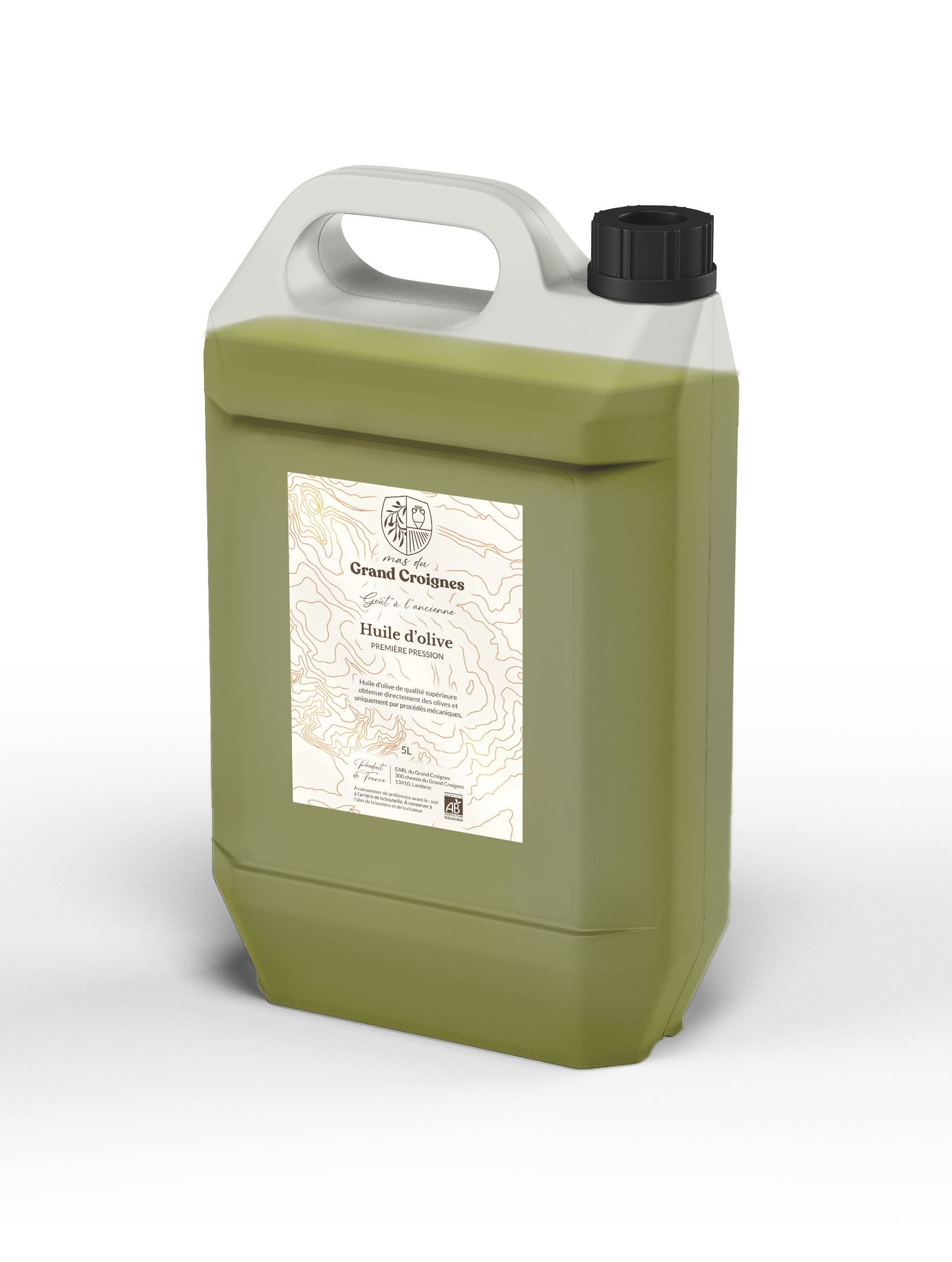 Un moqup d'un bidon de 5 litre d'huile d'olive du Mas du Grand Croignes
