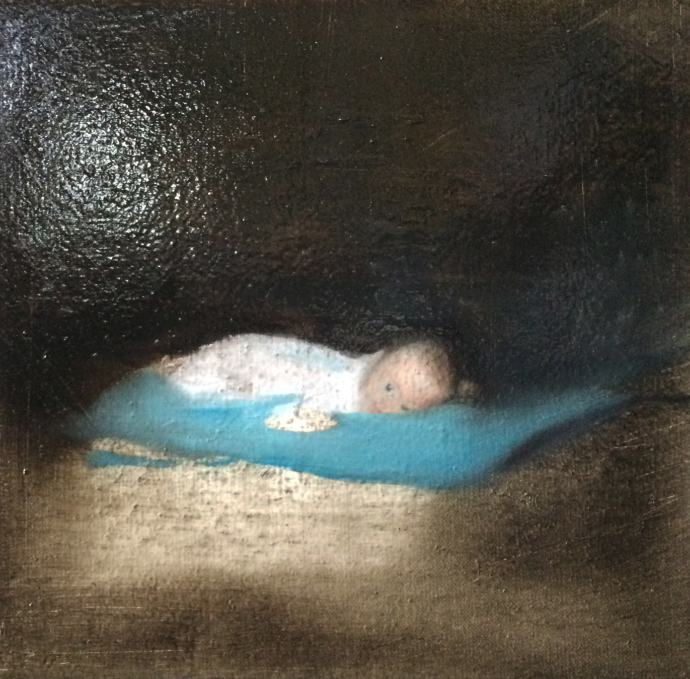 "Autoportrait with the blanket" oil on canvas 20x35