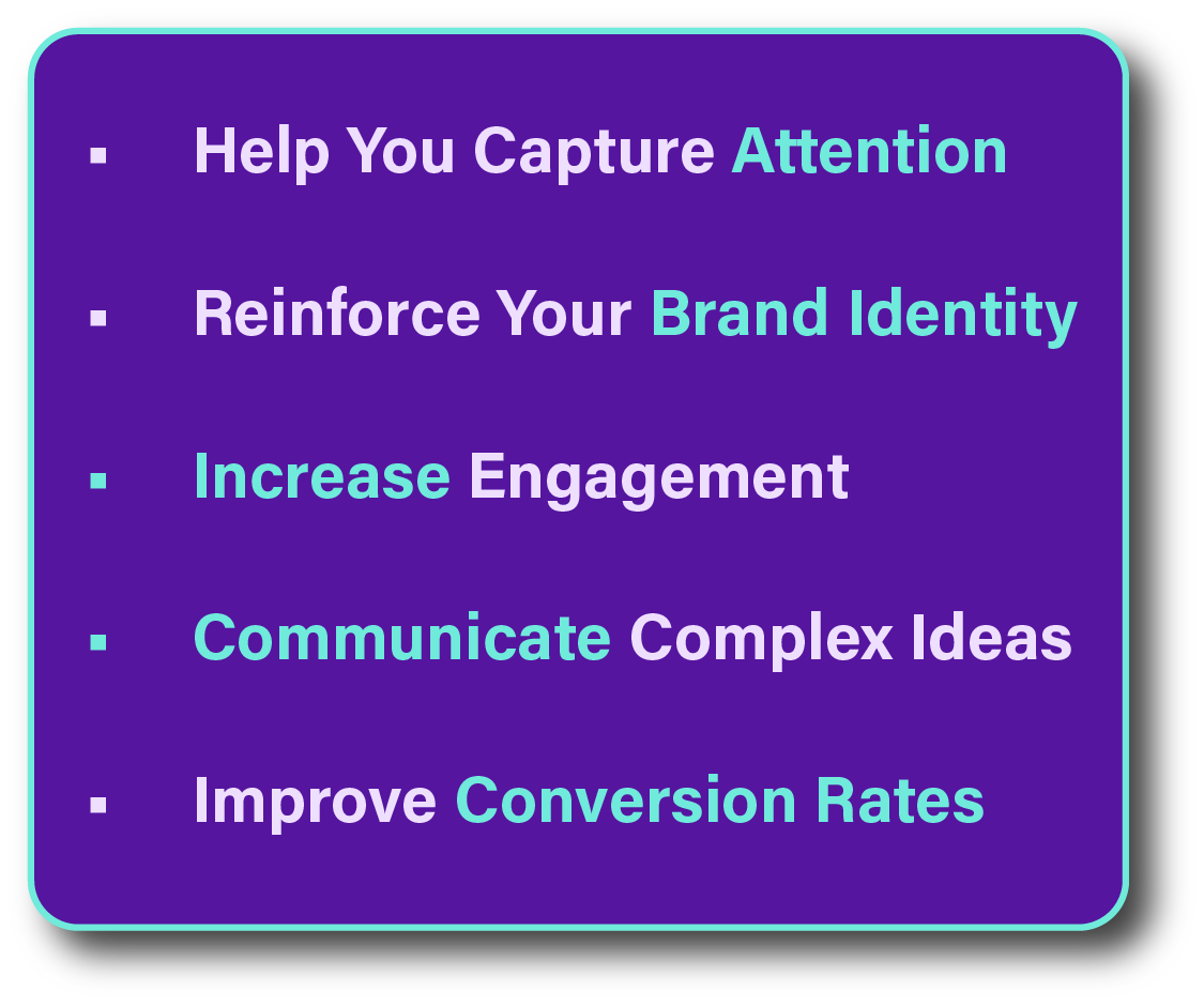 A list of how motion design will upscale your business, includes attention, brand identity, increased engagement, communication, and improve conversion rates.