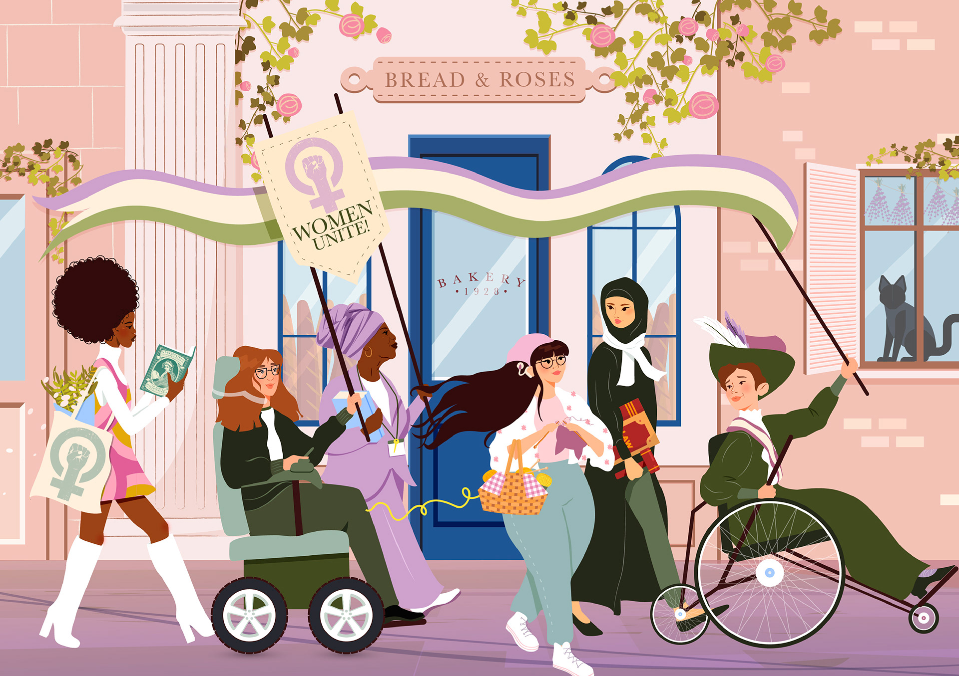 Illustration of women thoughout histroy marching for womens rights