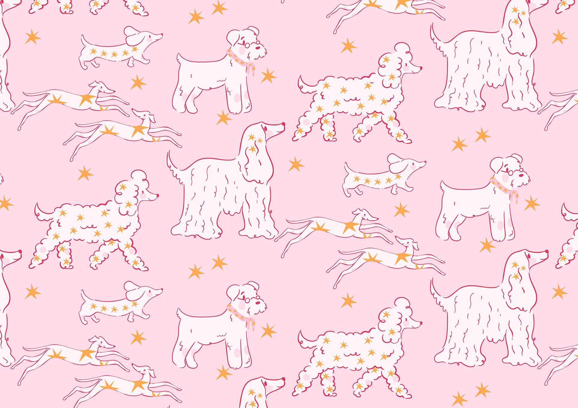 pink, white and yellow repeat pattern inspired by pet dogs