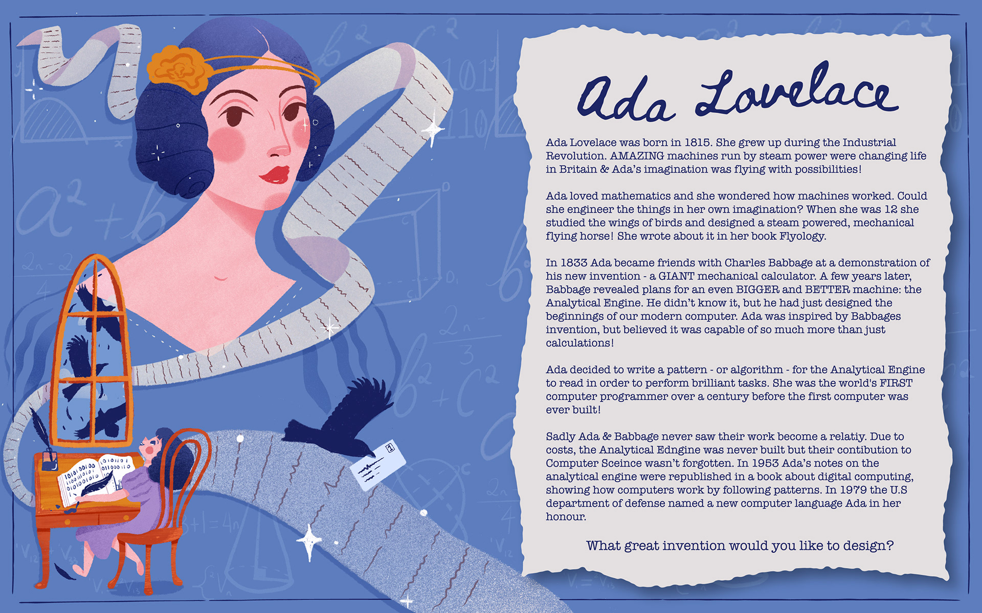 illustration of Ada Lovelace against a blue background with accompanying text from a childrens non fiction book about women in STEM