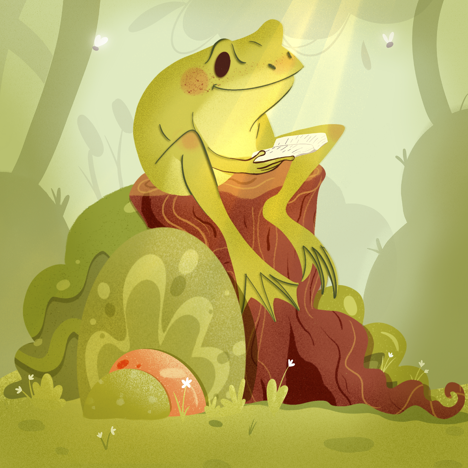 illustration of a frog resting on a tree stump reading a book surrounded by flies