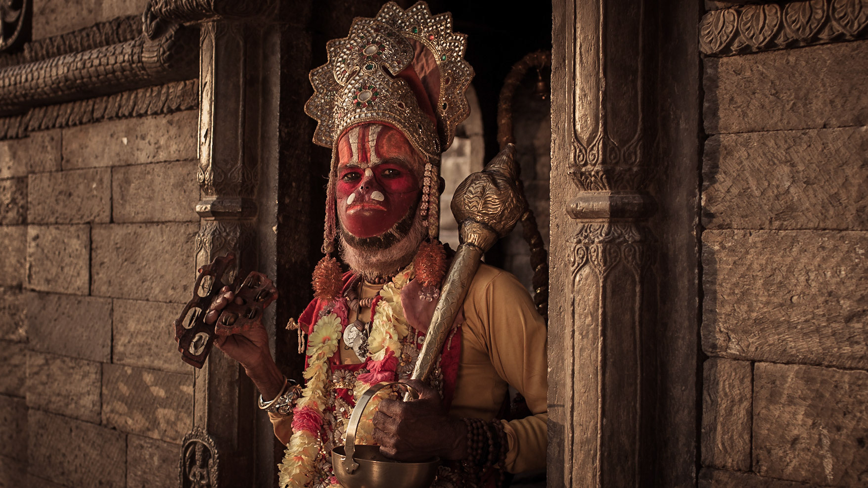 Sadhu dressed as monkey god. Kathmandu, Nepal