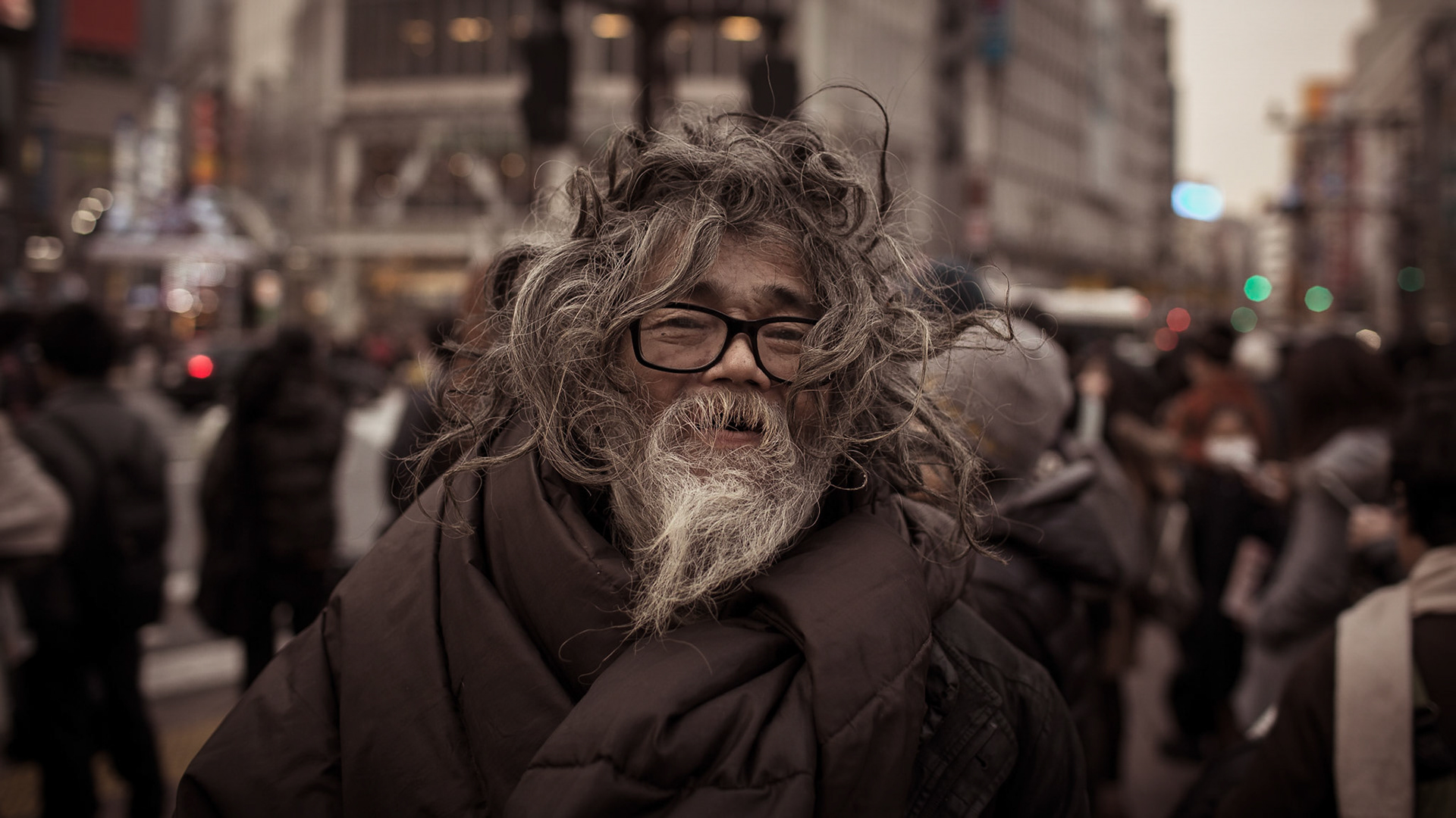 Street portrait of a homeless man in Shibuya. Tokyo, Japan