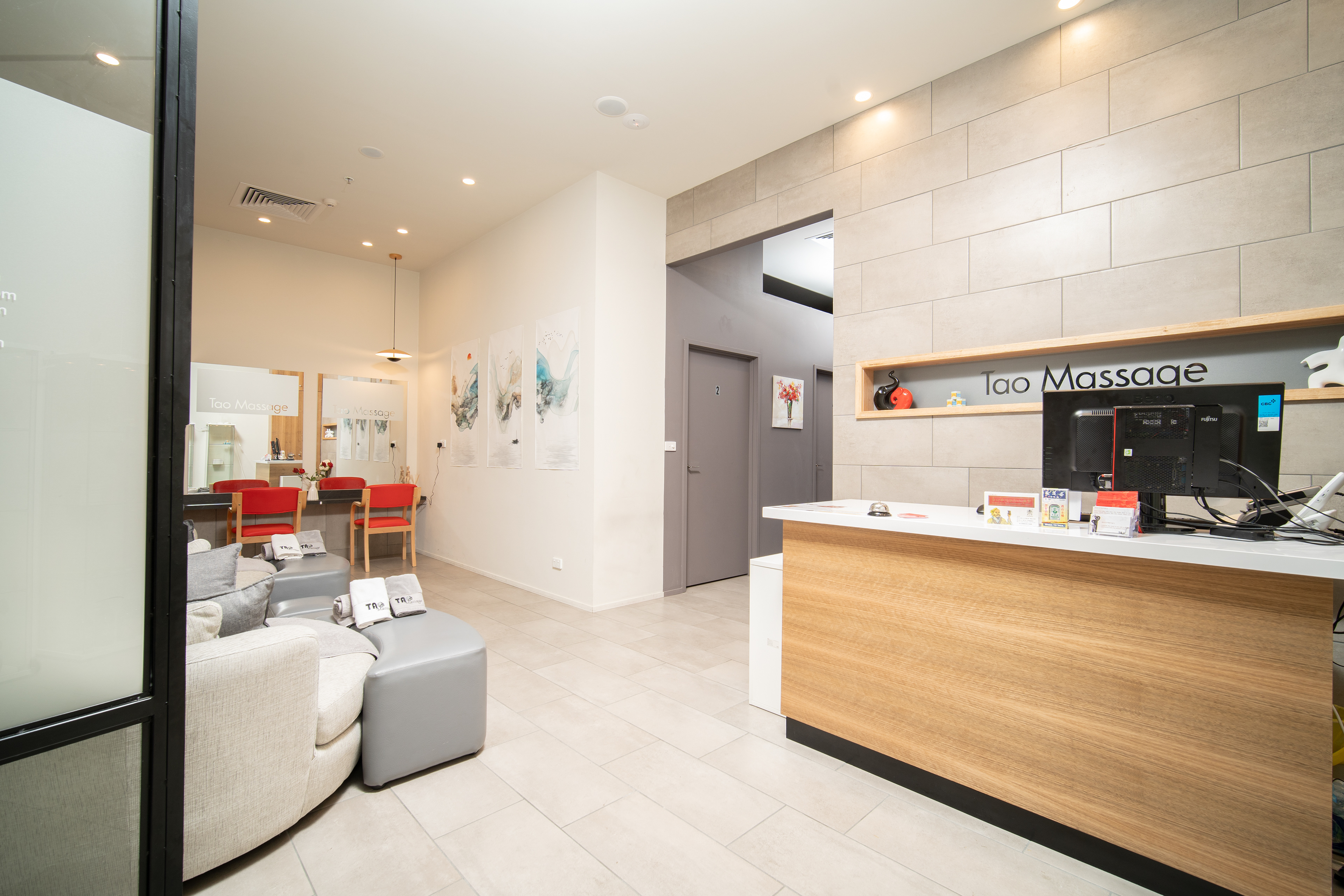 Bright reception area with a tiled counter