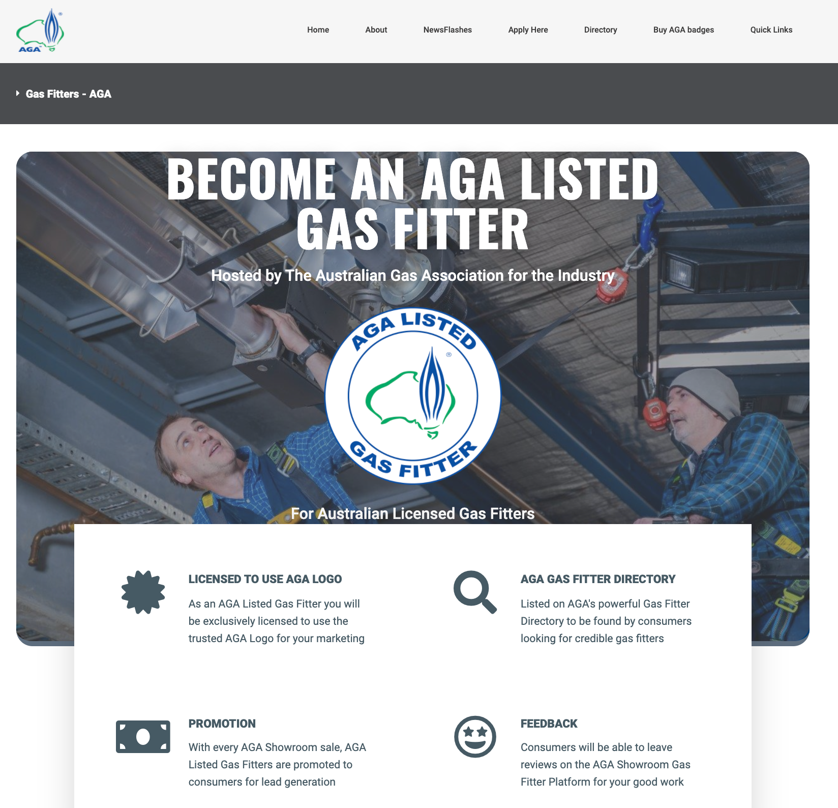 Australian Gas Association website promoting AGA-listed gas fitters