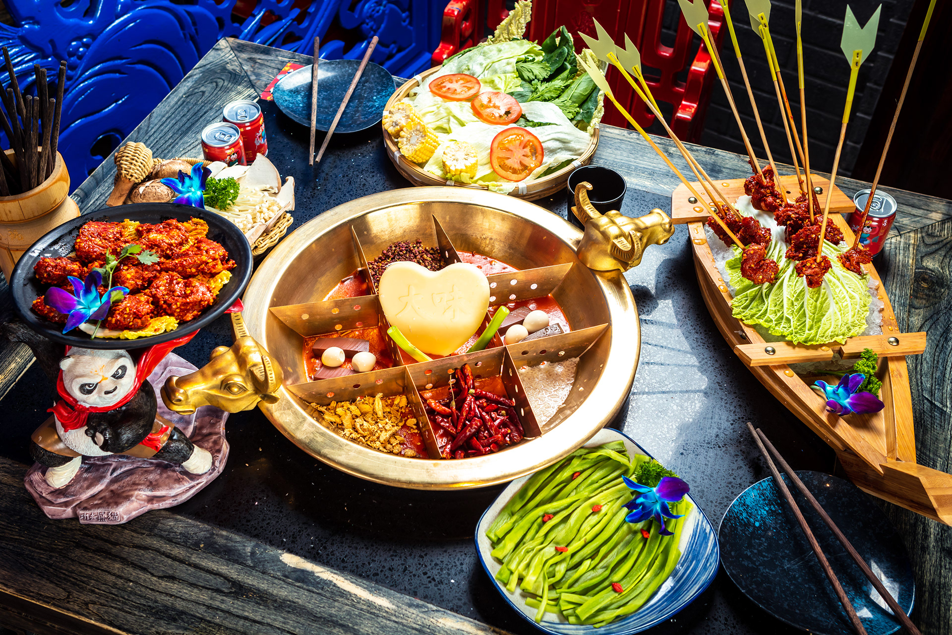 Selection of Asian dishes with soup and dipping sauces