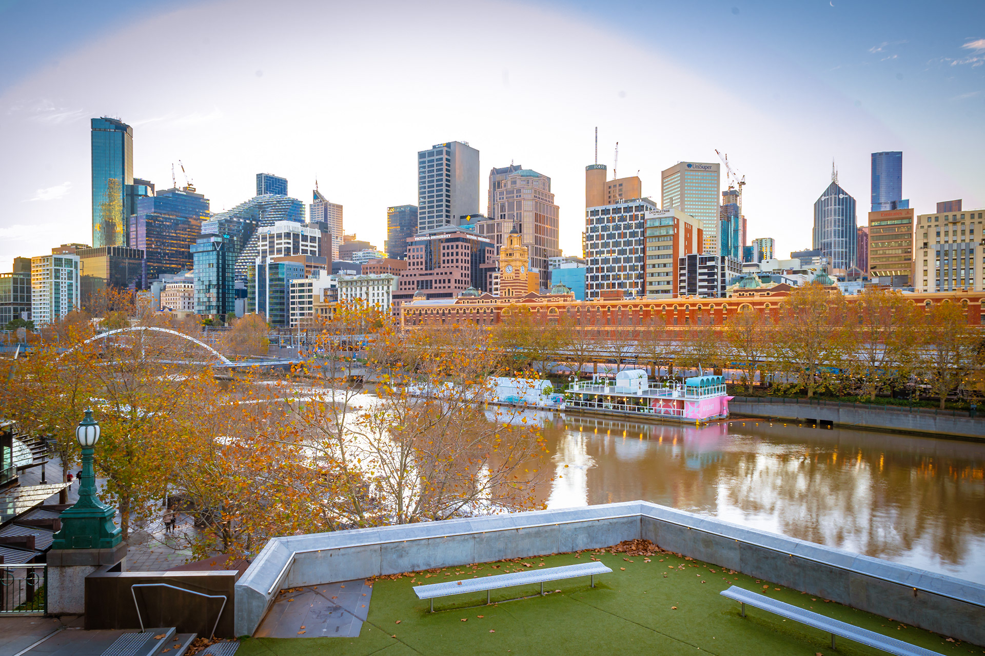 Melbourne skyline viewed across the river and gardens