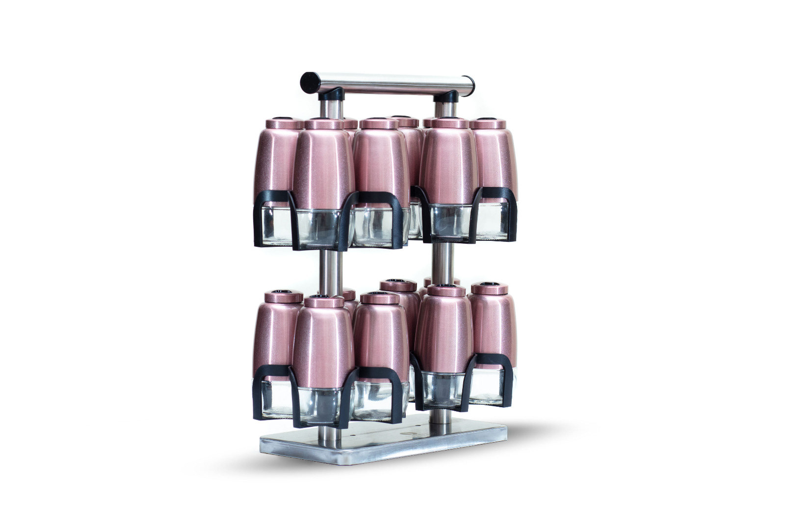 Pink kitchen appliances arranged on a reflective surface
