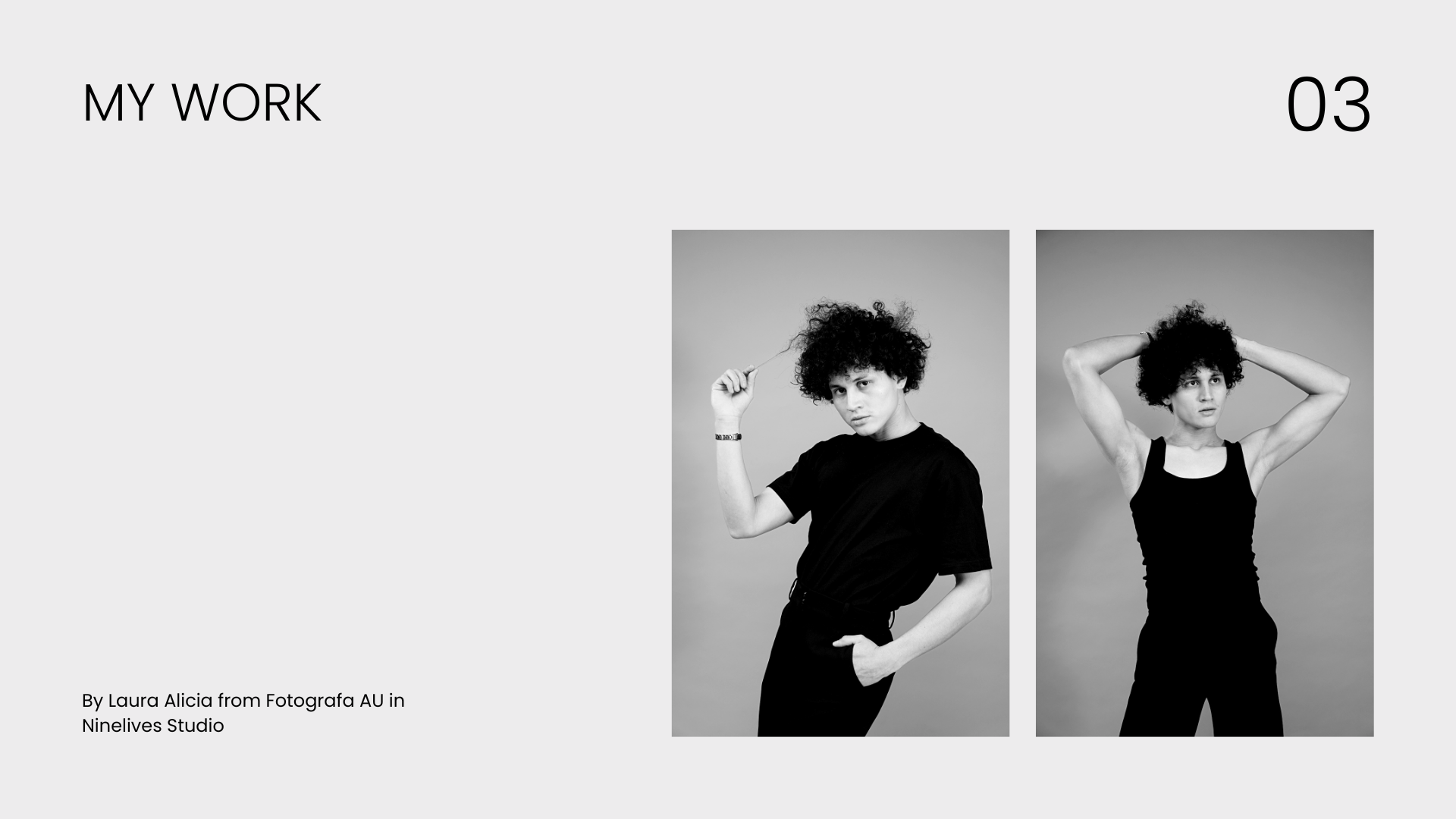 Two black-and-white modelling portraits of James Tapiero by Laura Alicia at Ninelives Studio