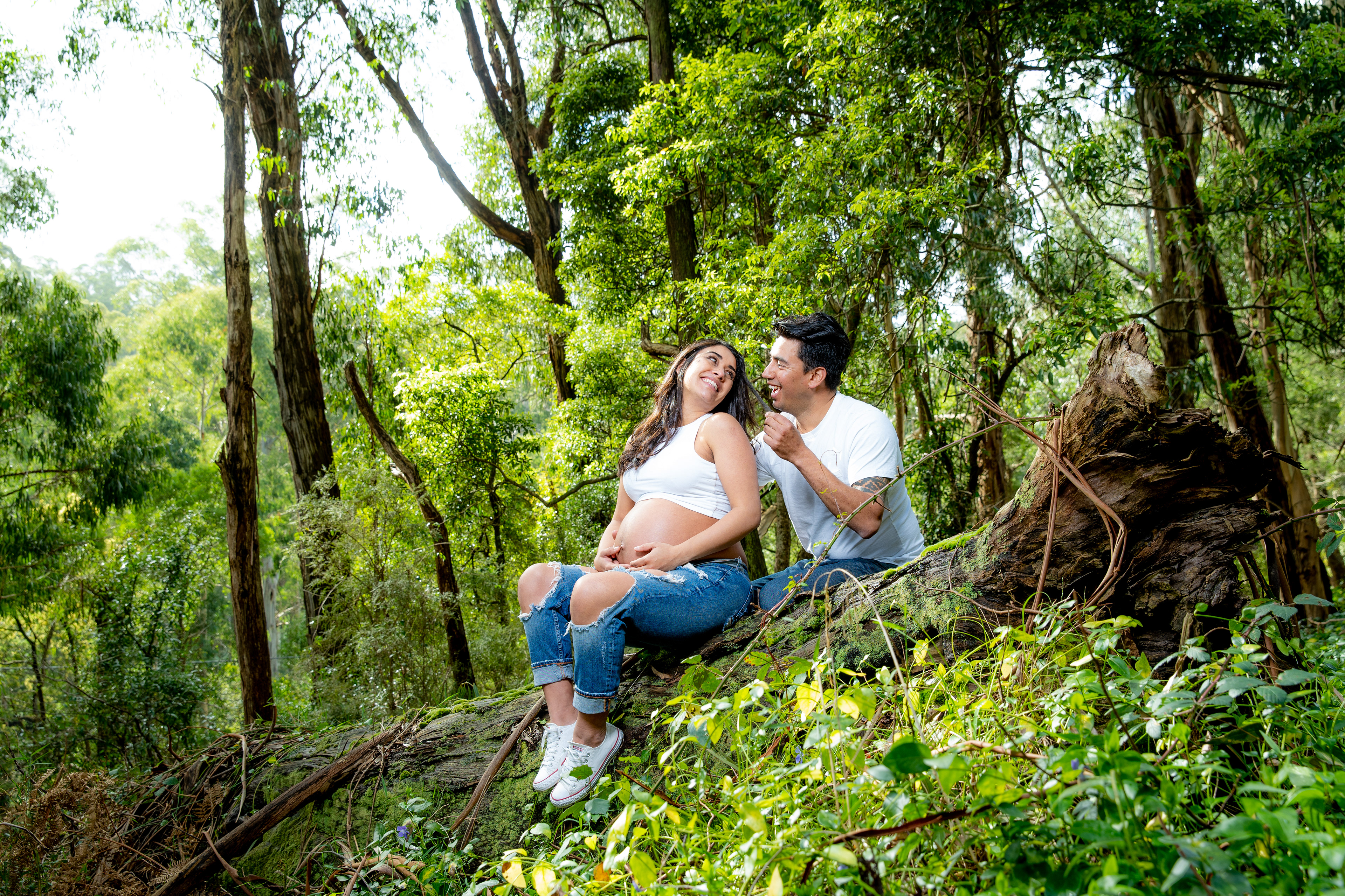 Family sitting together beneath leafy trees