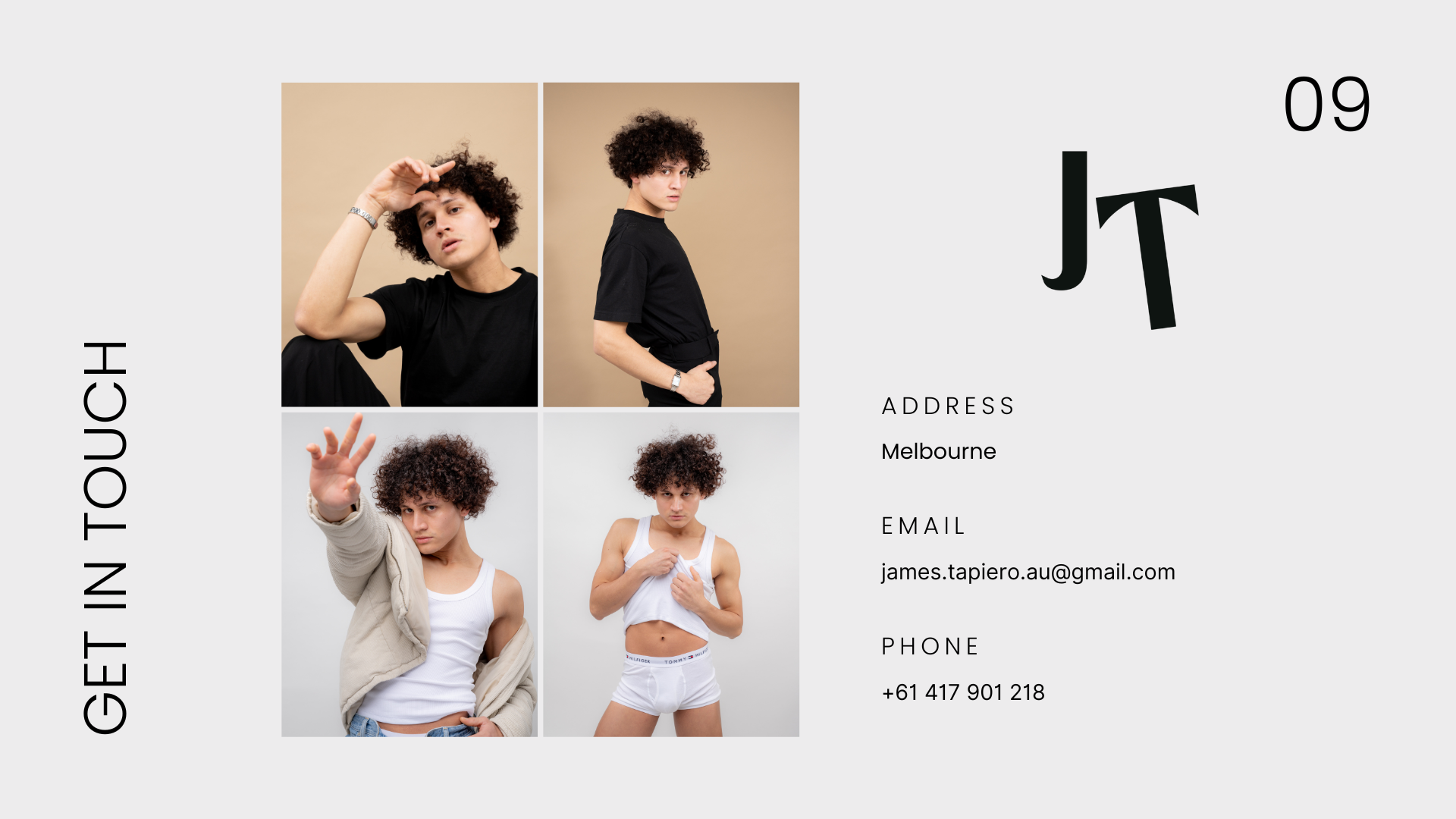 Contact page for Melbourne model James Tapiero with four portraits and booking details