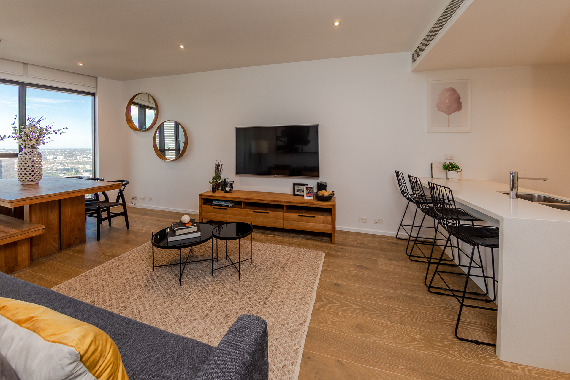 Open-plan apartment living room and kitchen