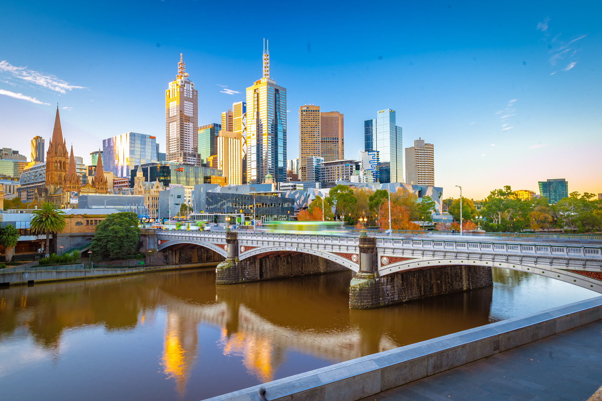 Bridge across the Yarra River with Melbourne buildings behind