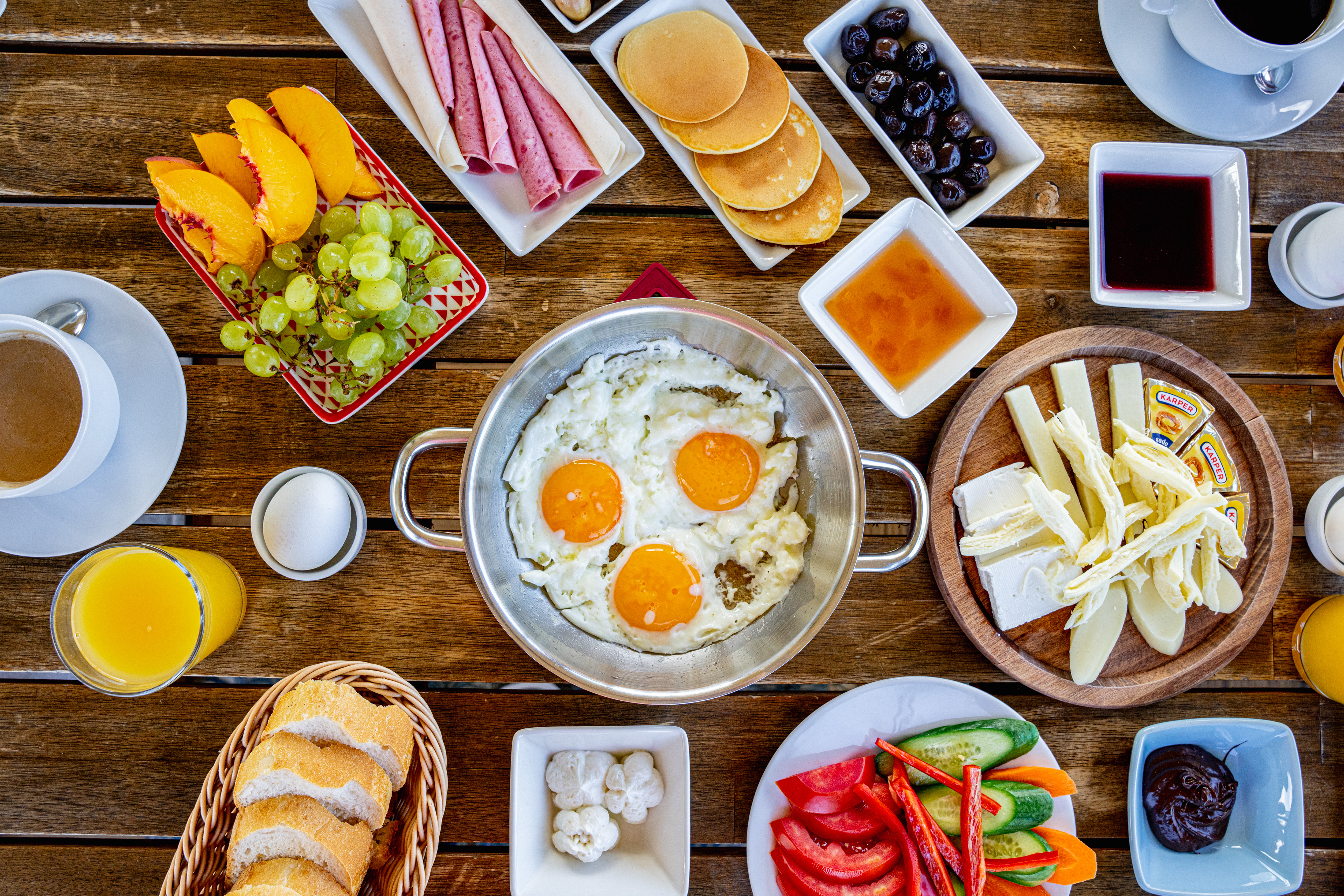 Overhead view of a Turkish breakfast spread