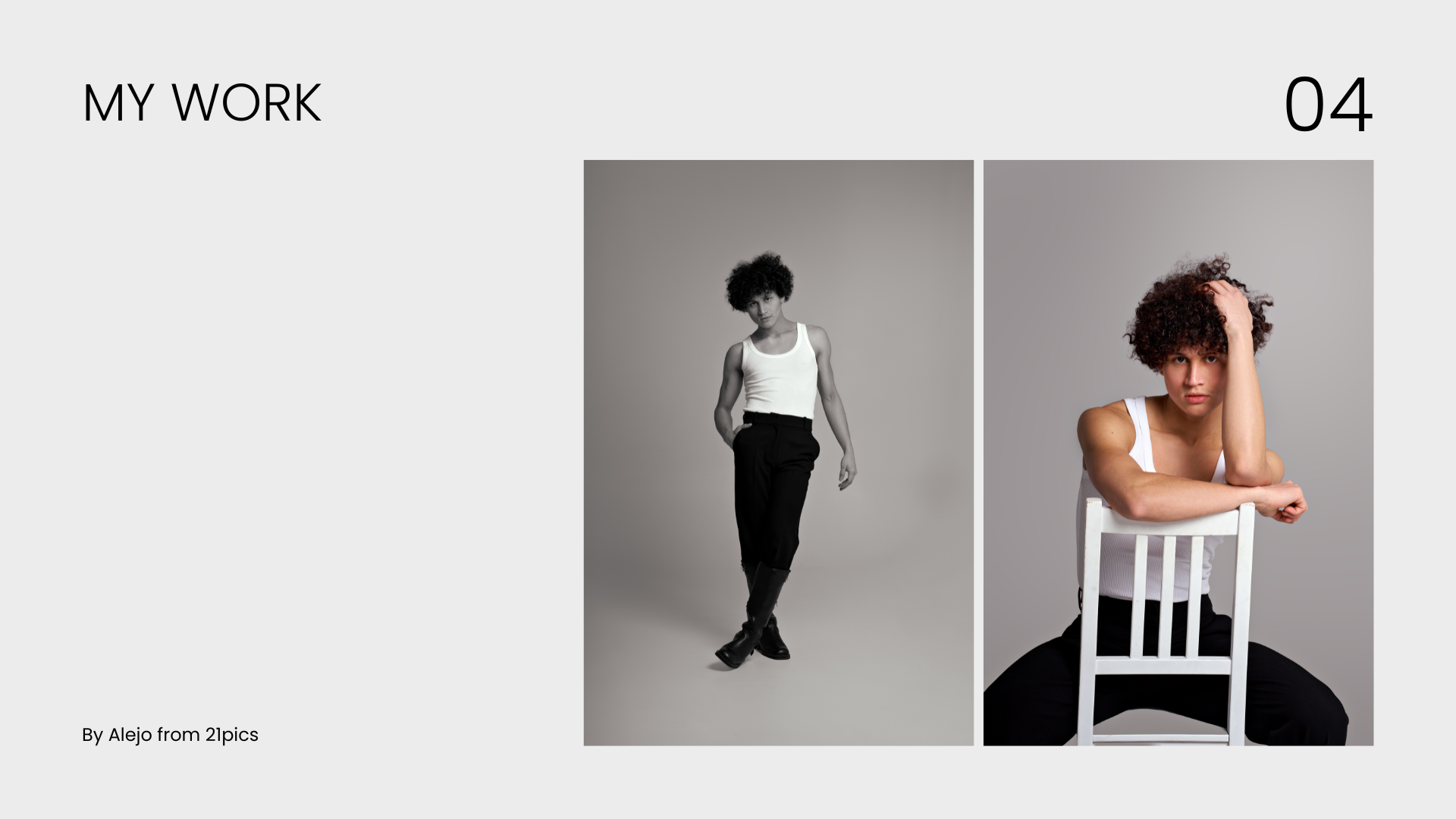 James Tapiero modelling in a white vest, standing and seated on a white chair, photographed by Alejo from 2pics
