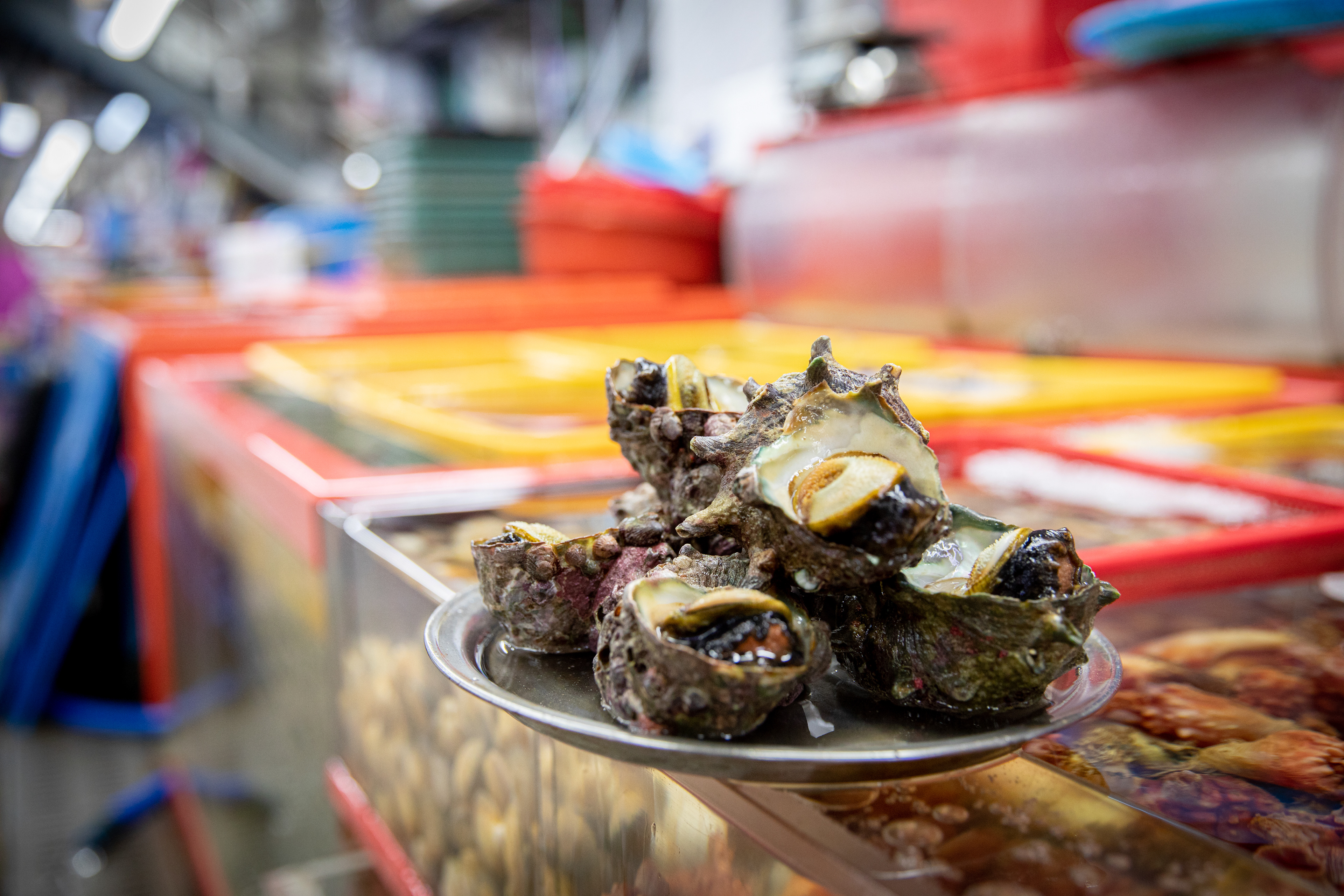 Fresh shellfish displayed on a market stall