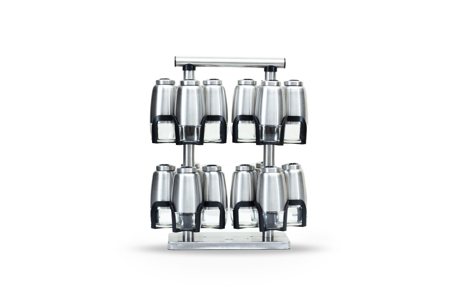 Stainless steel kitchen appliances arranged on a reflective surface