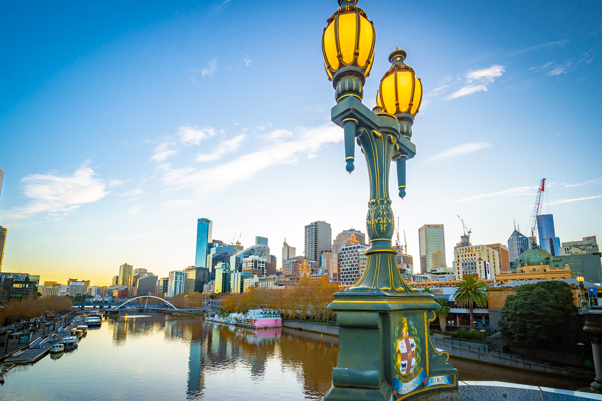 Decorative bridge lamps with the city skyline beyond