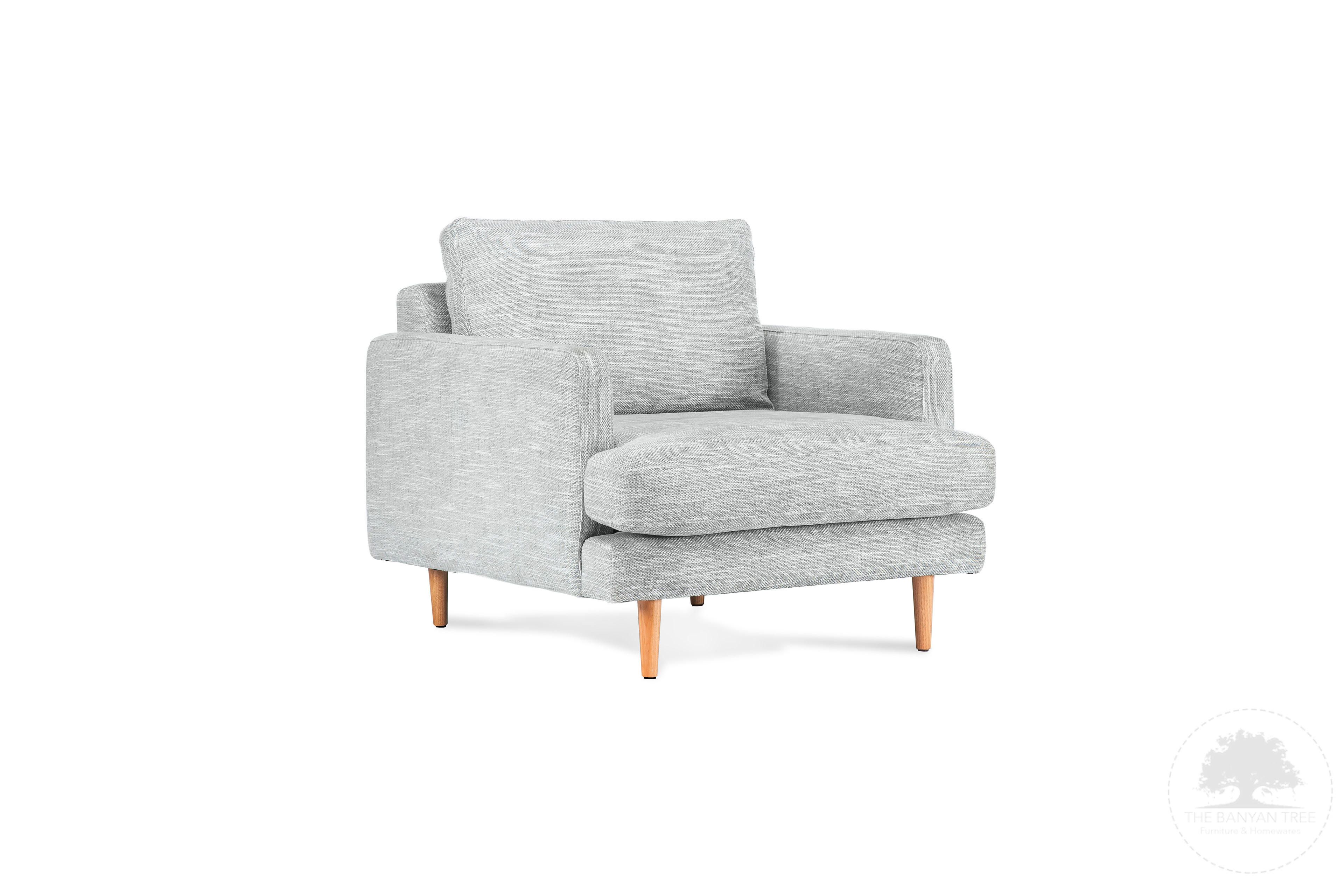 Grey upholstered armchair on a white background