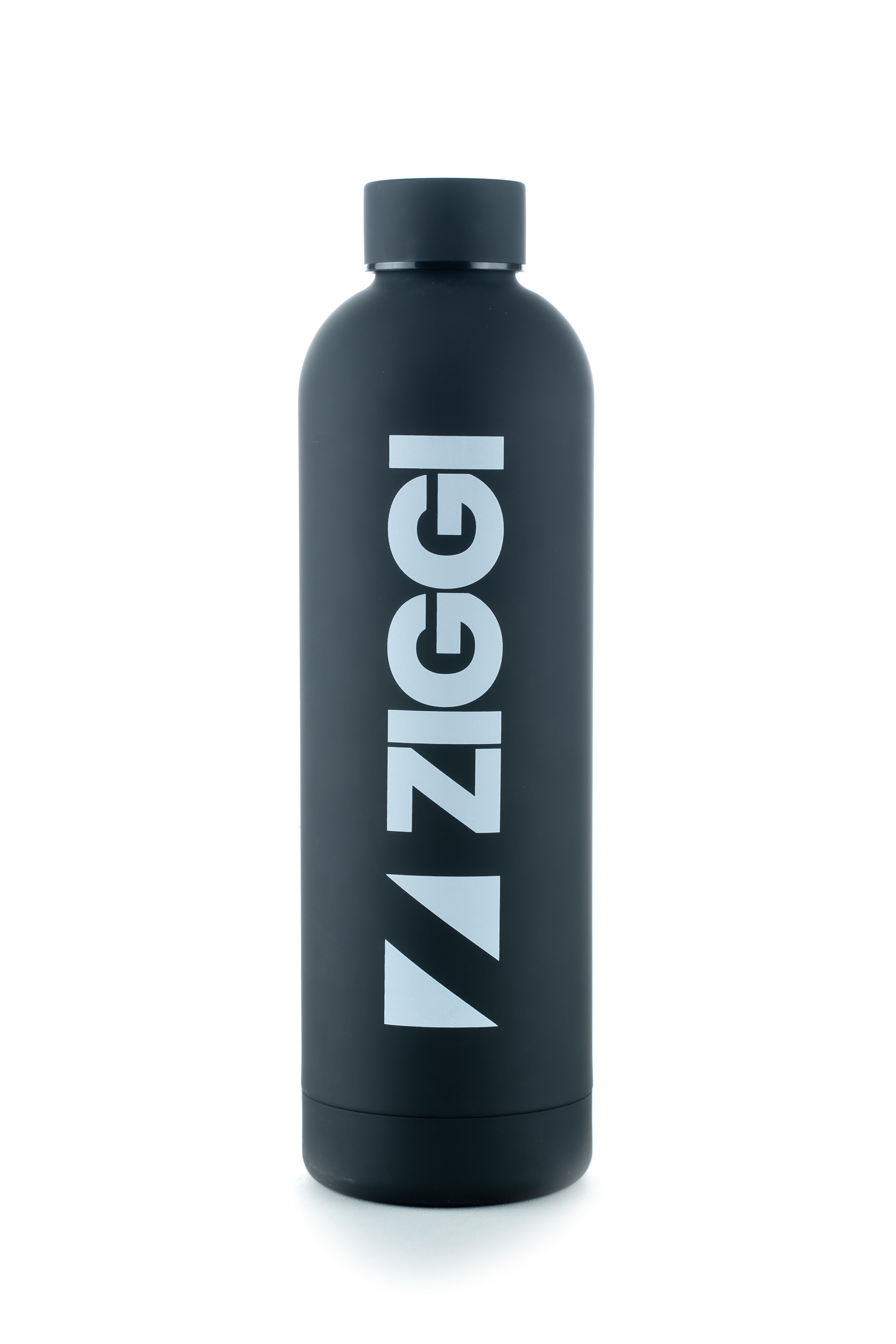 Black ZIGGI water bottle on a white background