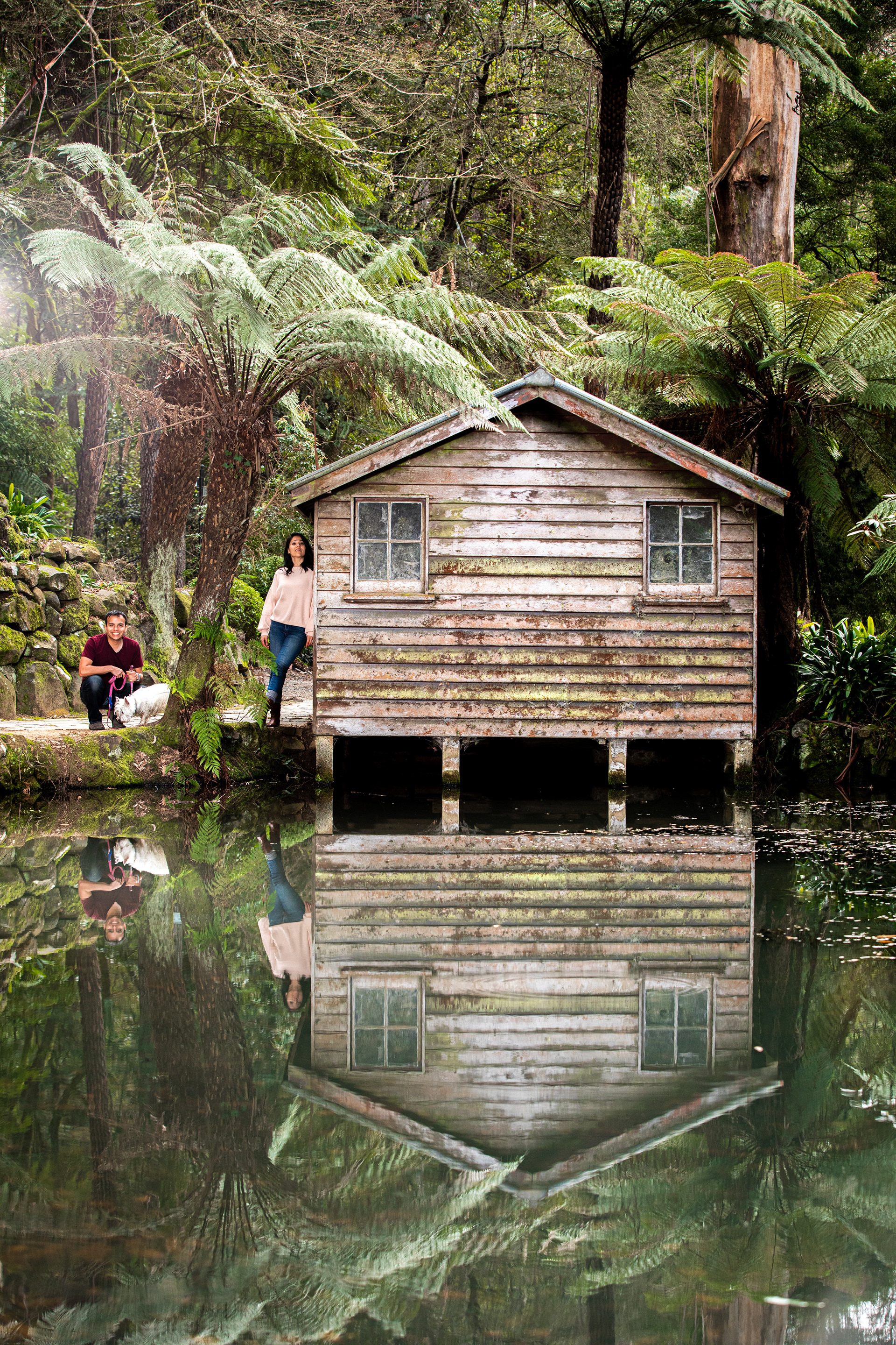 Small wooden boathouse reflected in a garden pond