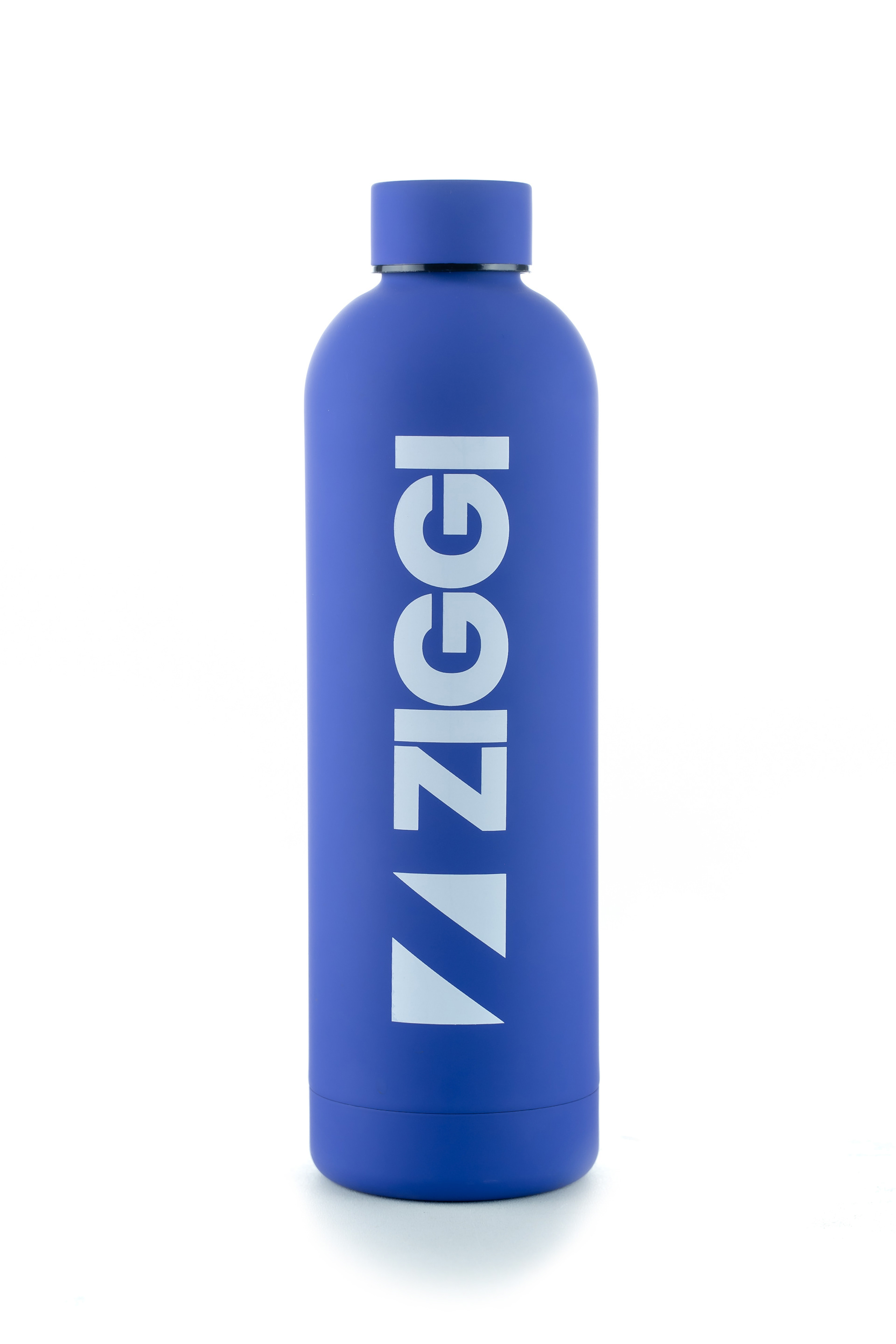 Blue ZIGGI water bottle on a white background
