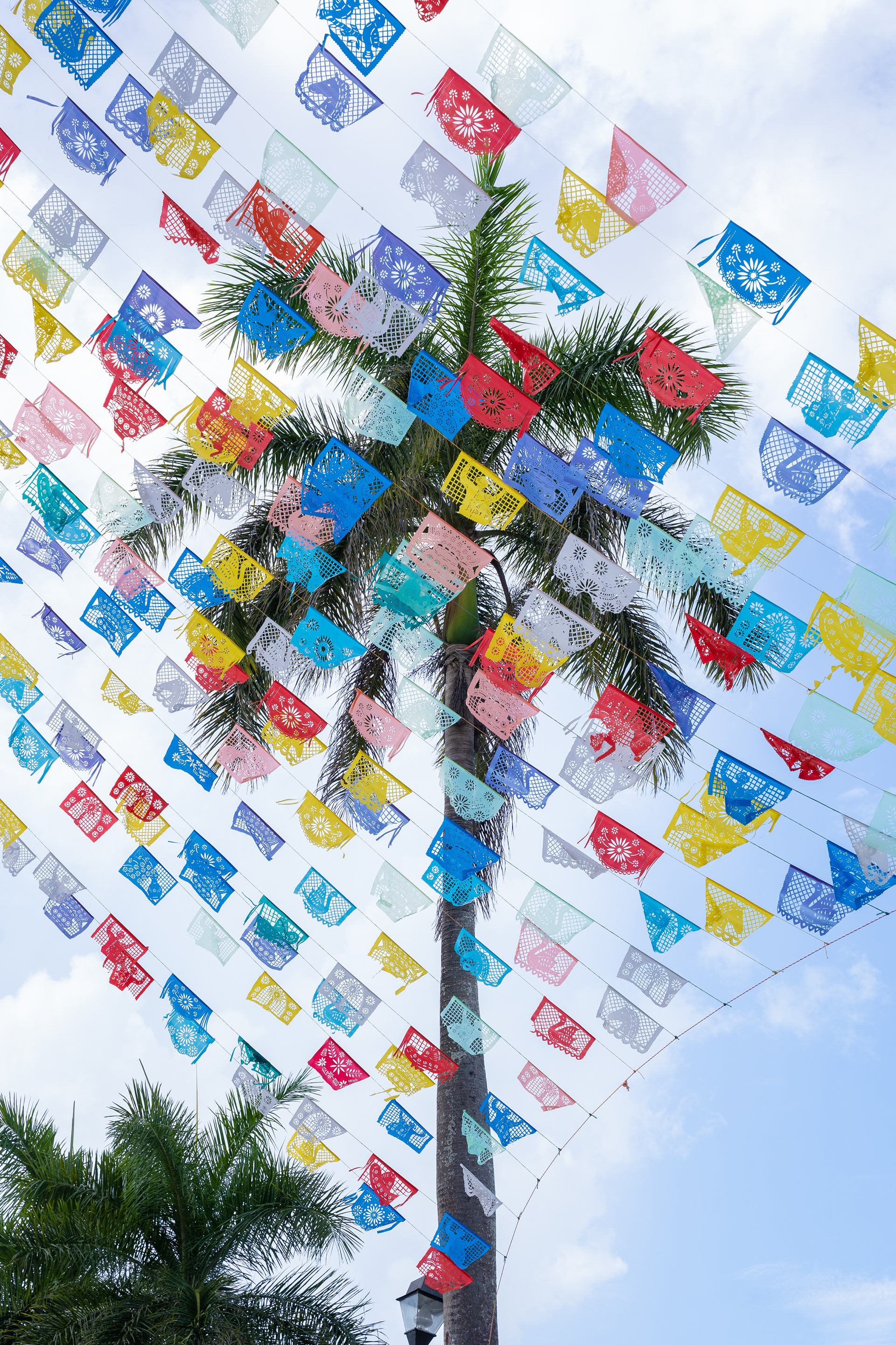 Colourful papel picado decorations overhead