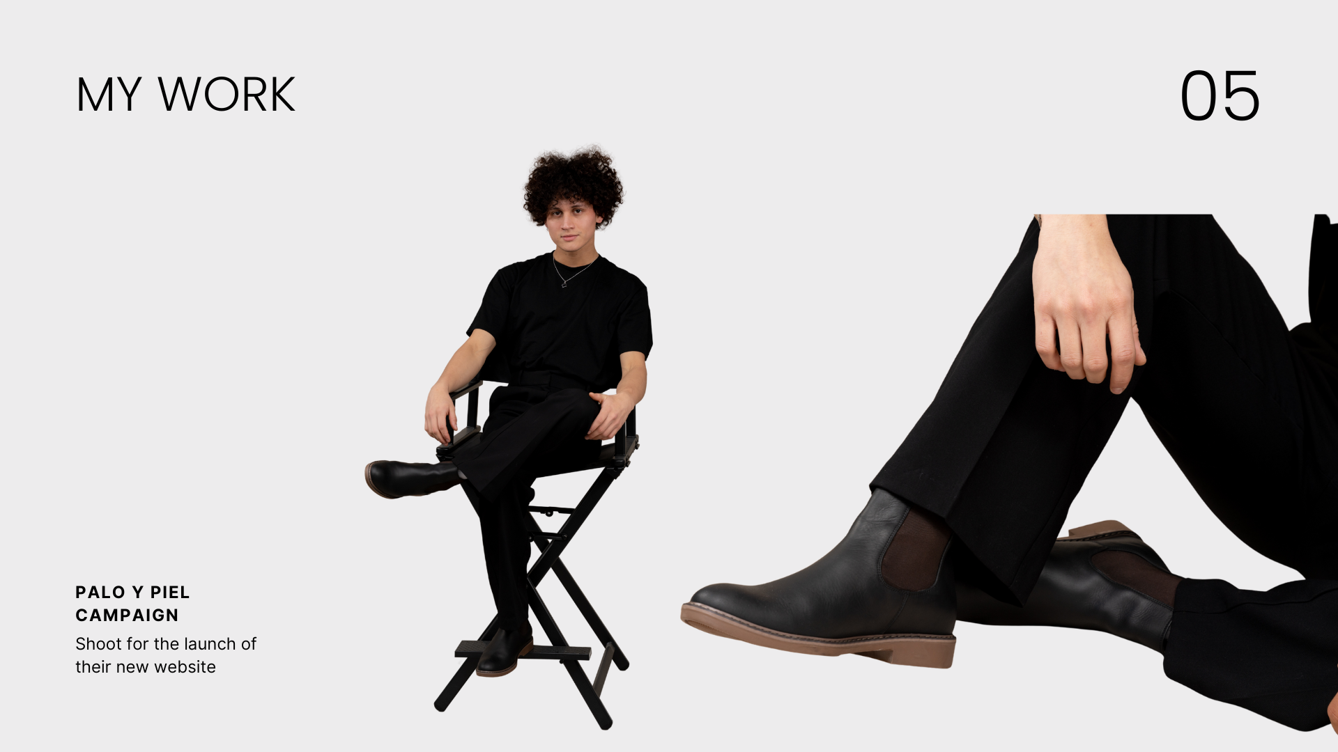 James Tapiero seated in black clothing beside a close-up of boots for the Palo y Piel campaign