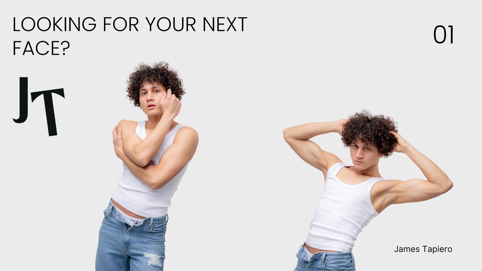James Tapiero modelling portfolio cover with two studio portraits in a white vest and jeans