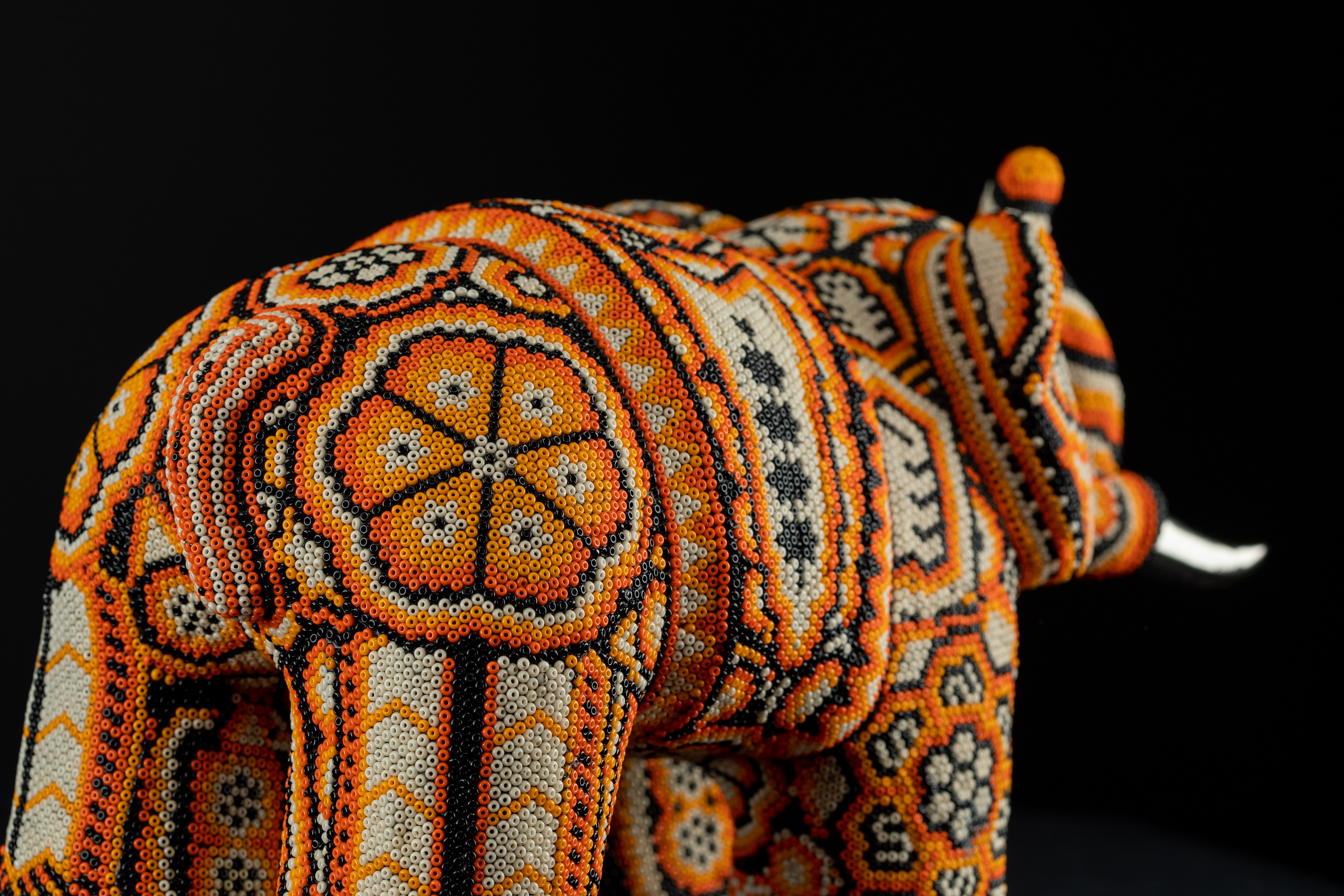 Rear view of a beaded elephant sculpture