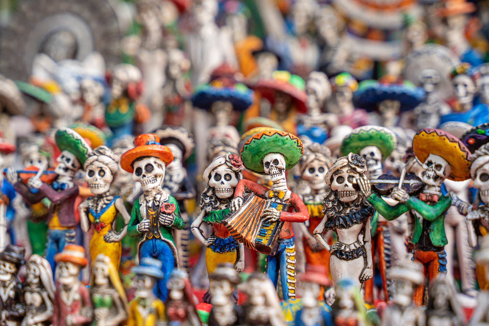 Colourful decorative figures at a Mexican market