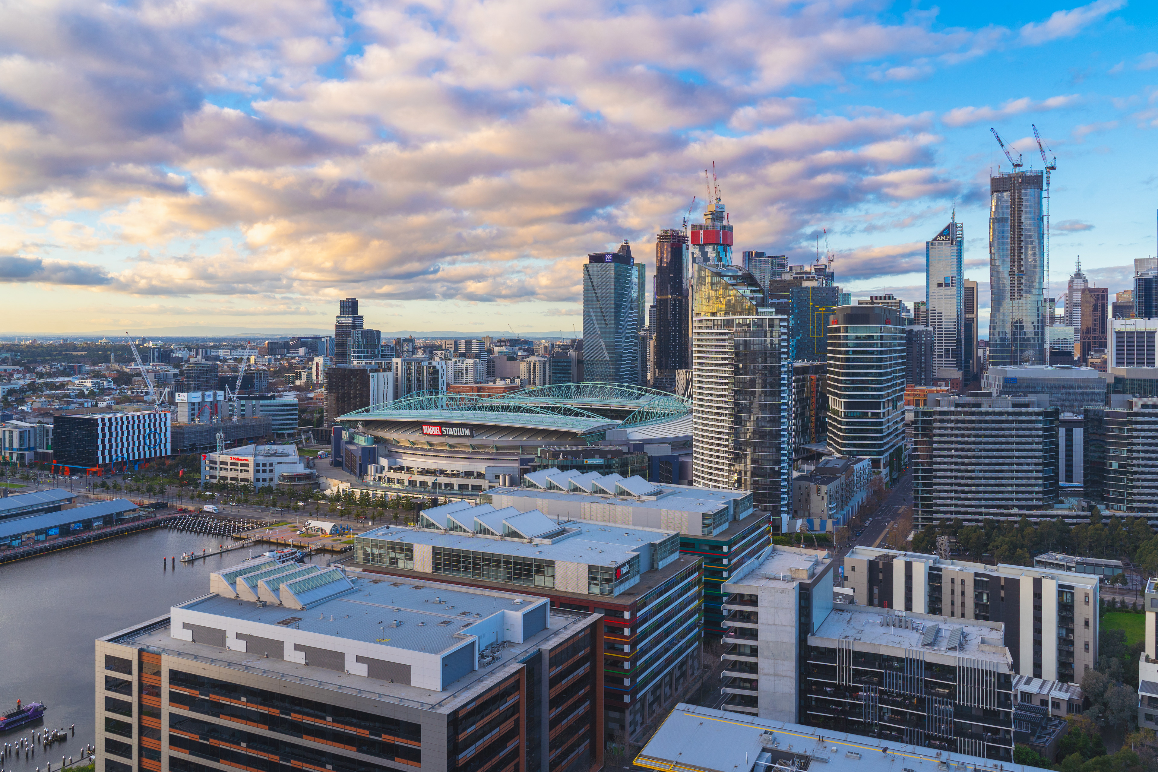 City skyline beneath a colourful evening sky