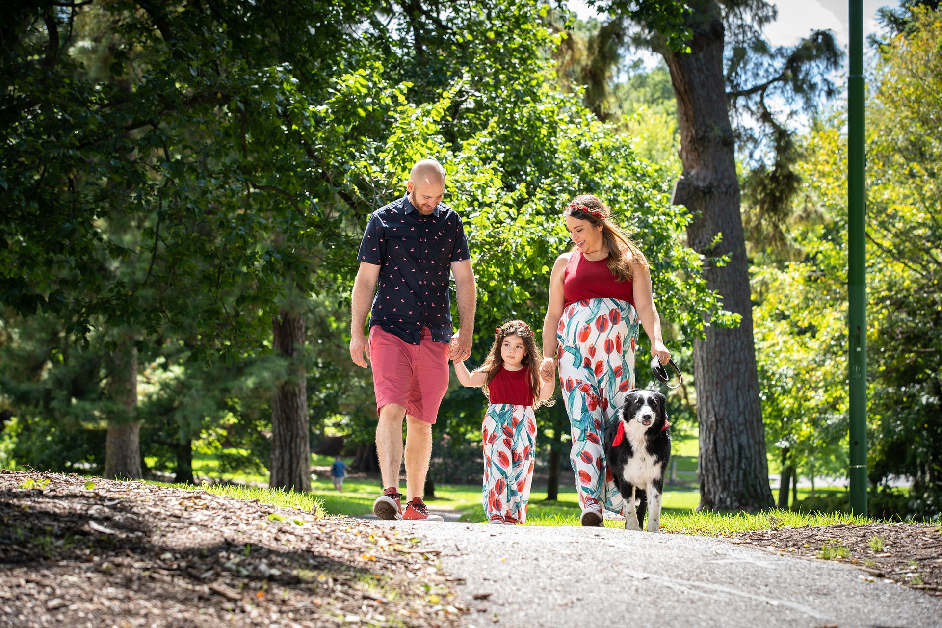 Family gathered beneath large trees in a park