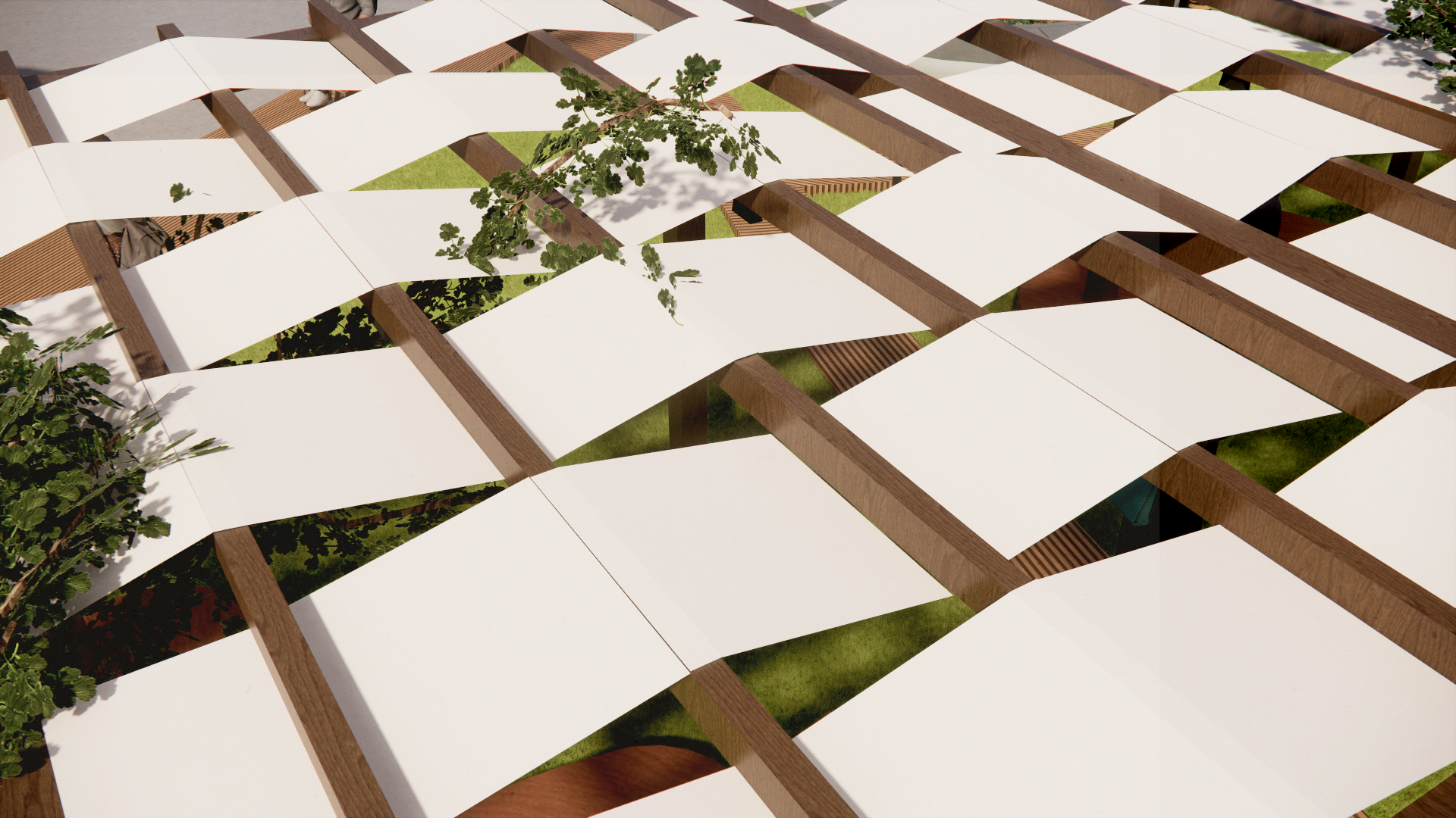 ROOFING OF SHADED SEATING AREA - allowing a bit of sunlight and area to come through whilst also providing shade
