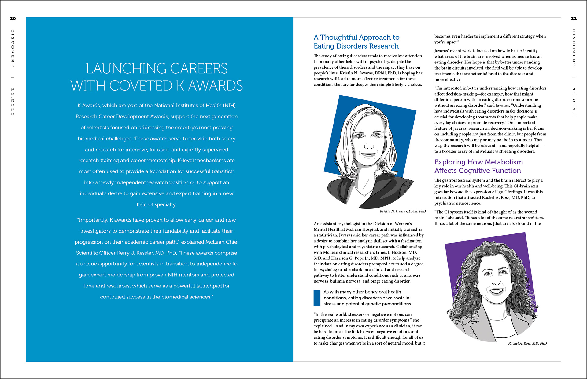 Inside spread from the 2019 issue of Discovery, McLean Hospital's science and research news magazine