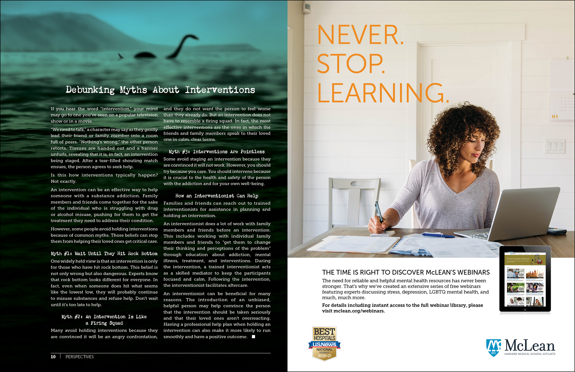 Inside spread from the winter 2021 issue of Perspectives, an annual publication from McLean Hospital