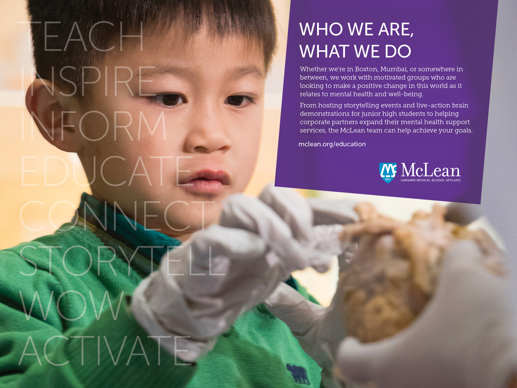 Inside spread of brochure promoting McLean Hospital education outreach programs