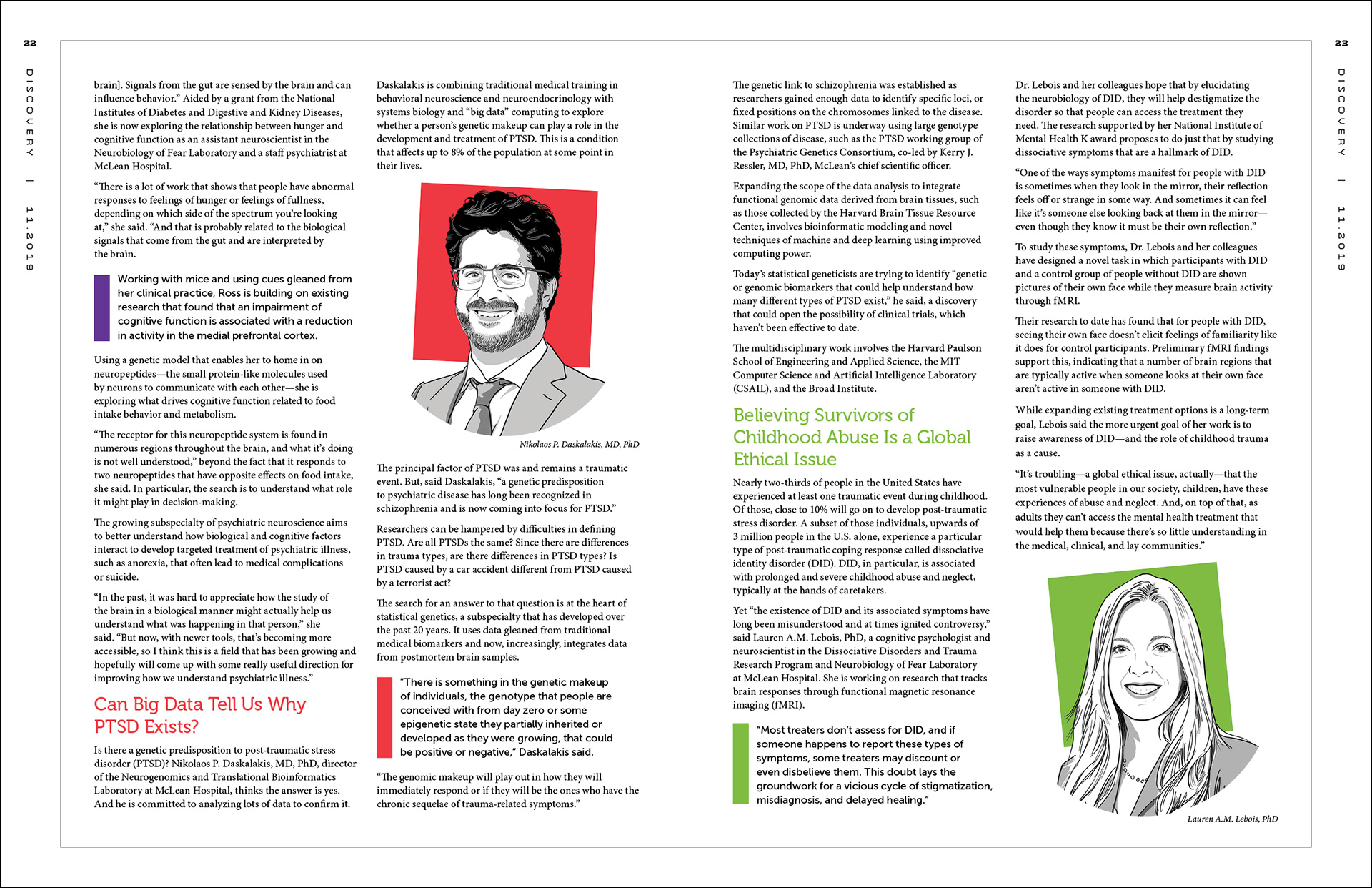 Inside spread from the 2019 issue of Discovery, McLean Hospital's science and research news magazine