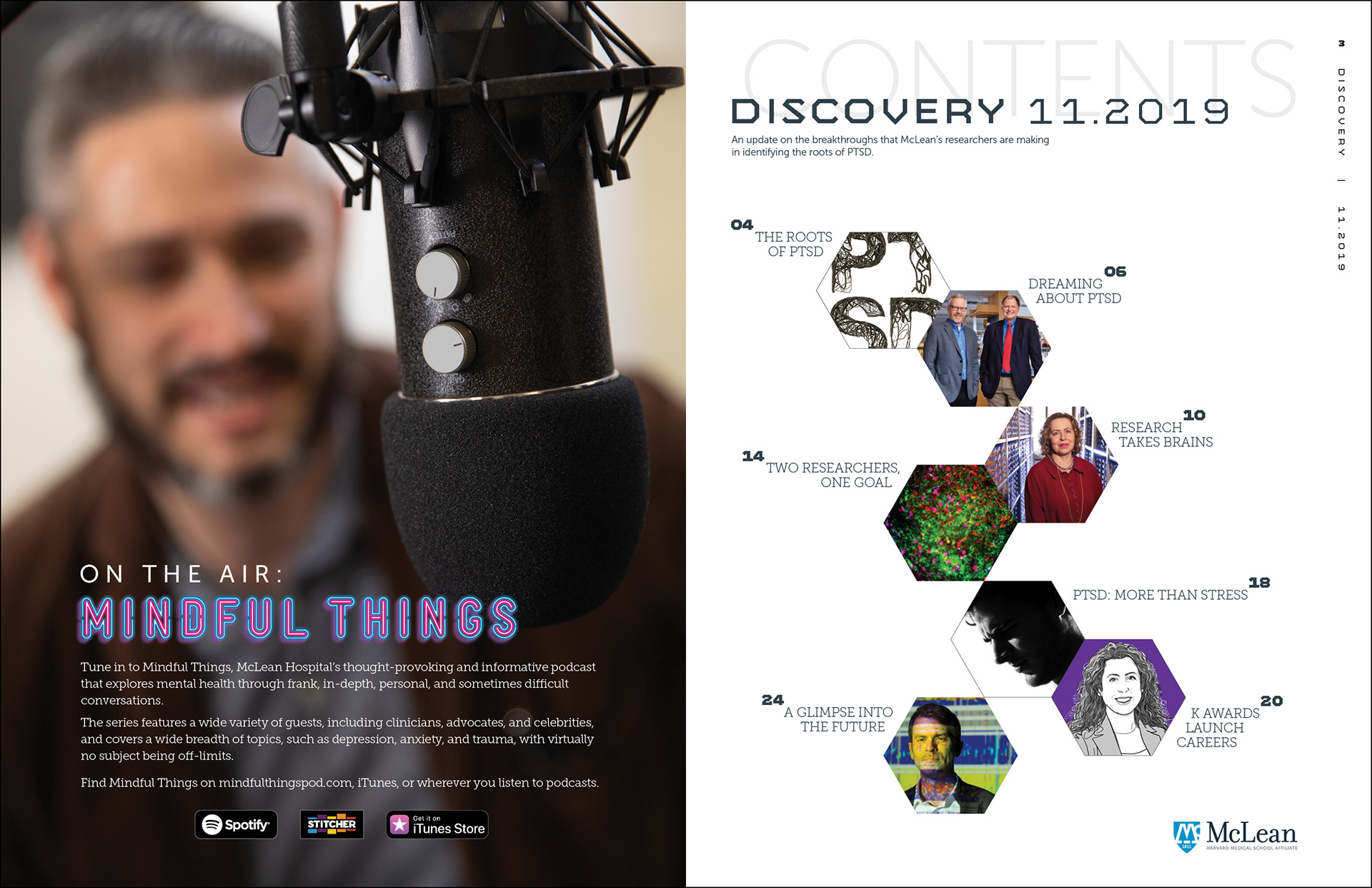 Inside spread from the 2019 issue of Discovery, McLean Hospital's science and research news magazine